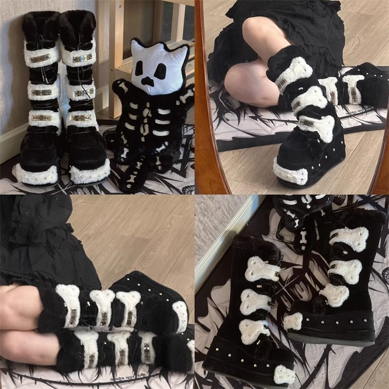 Womens Goth Boots with Bone Shape Elements Mid Calf Boots Chunky High Heel Punk Goth with Warm Fur Platform Boots