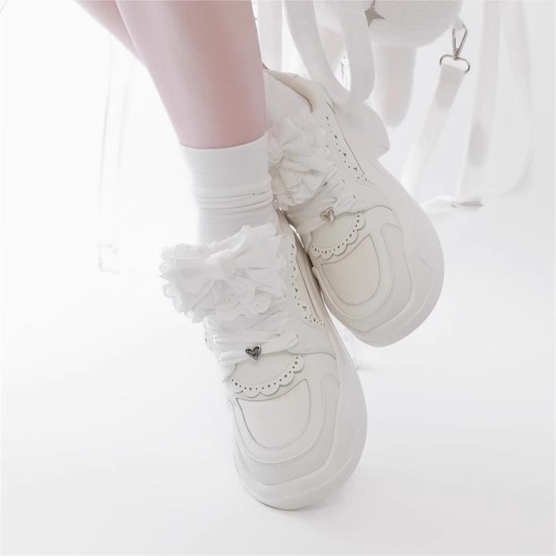 Jirai-kei Original Y2K Lace Bow Sneakers - 4-Way Customizable (Ribbon/Scallop Overlay) + Lycra Breathable Platform • Anti-Slip 7cm Sole