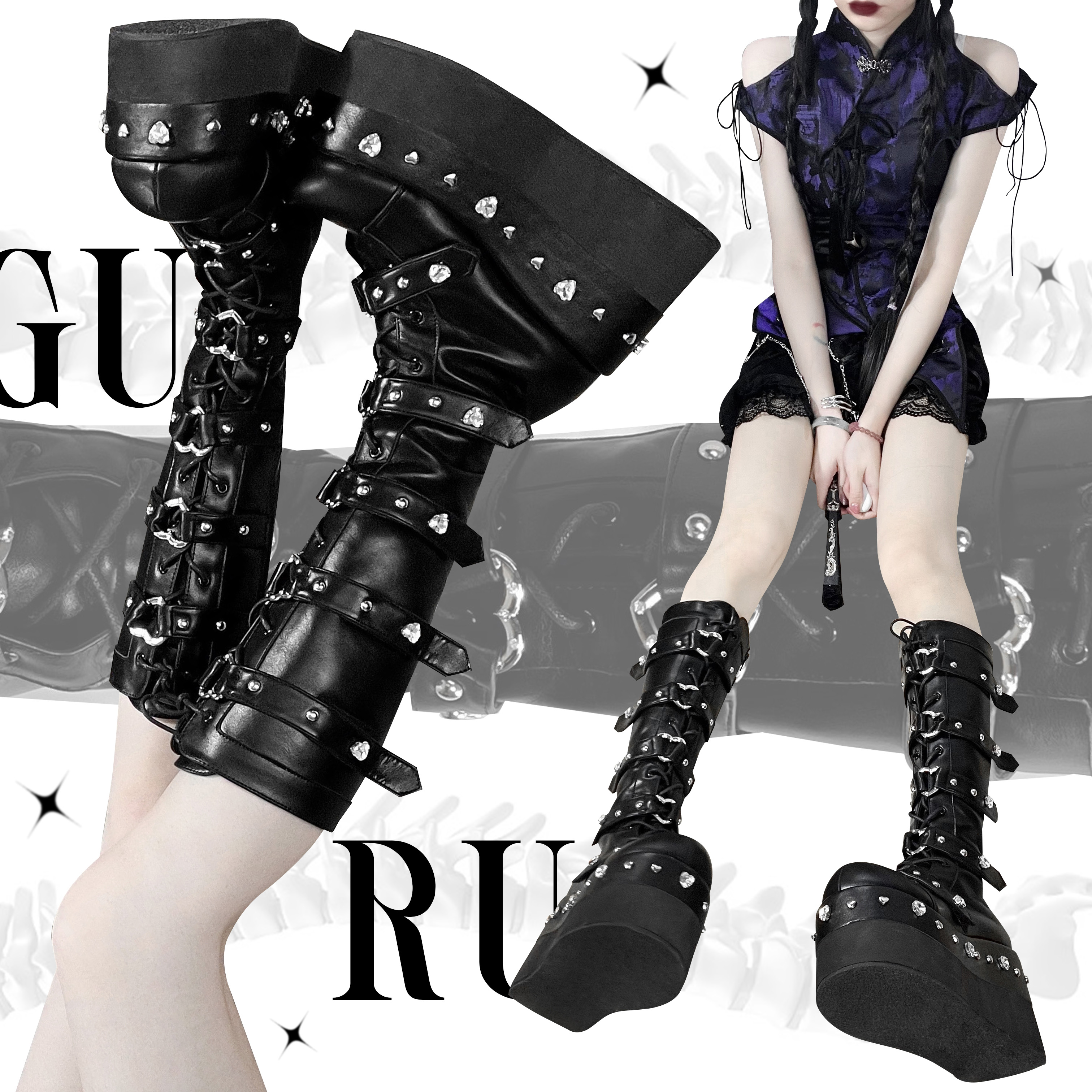 Heartbreak Potion GURURU Original Subculture Y2K Spice Girls Thick Round Toe Diamonds Mid Calf Boots