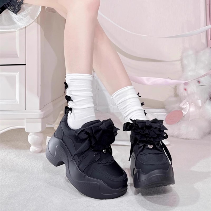 Jirai-kei Original Y2K Lace Bow Sneakers - 4-Way Customizable (Ribbon/Scallop Overlay) + Lycra Breathable Platform • Anti-Slip 7cm Sole