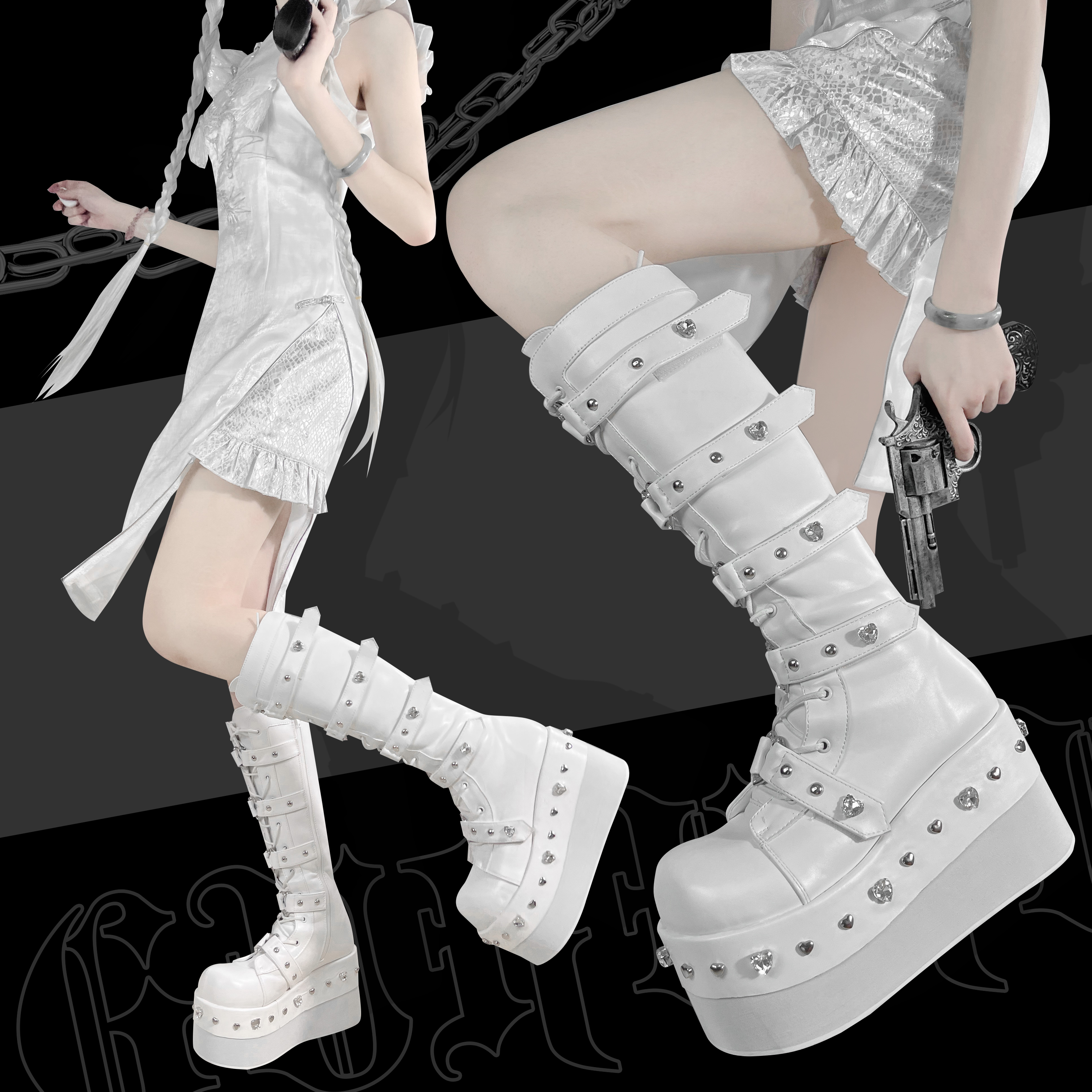 Heartbreak Potion GURURU Original Subculture Y2K Spice Girls Thick Round Toe Diamonds Mid Calf Boots