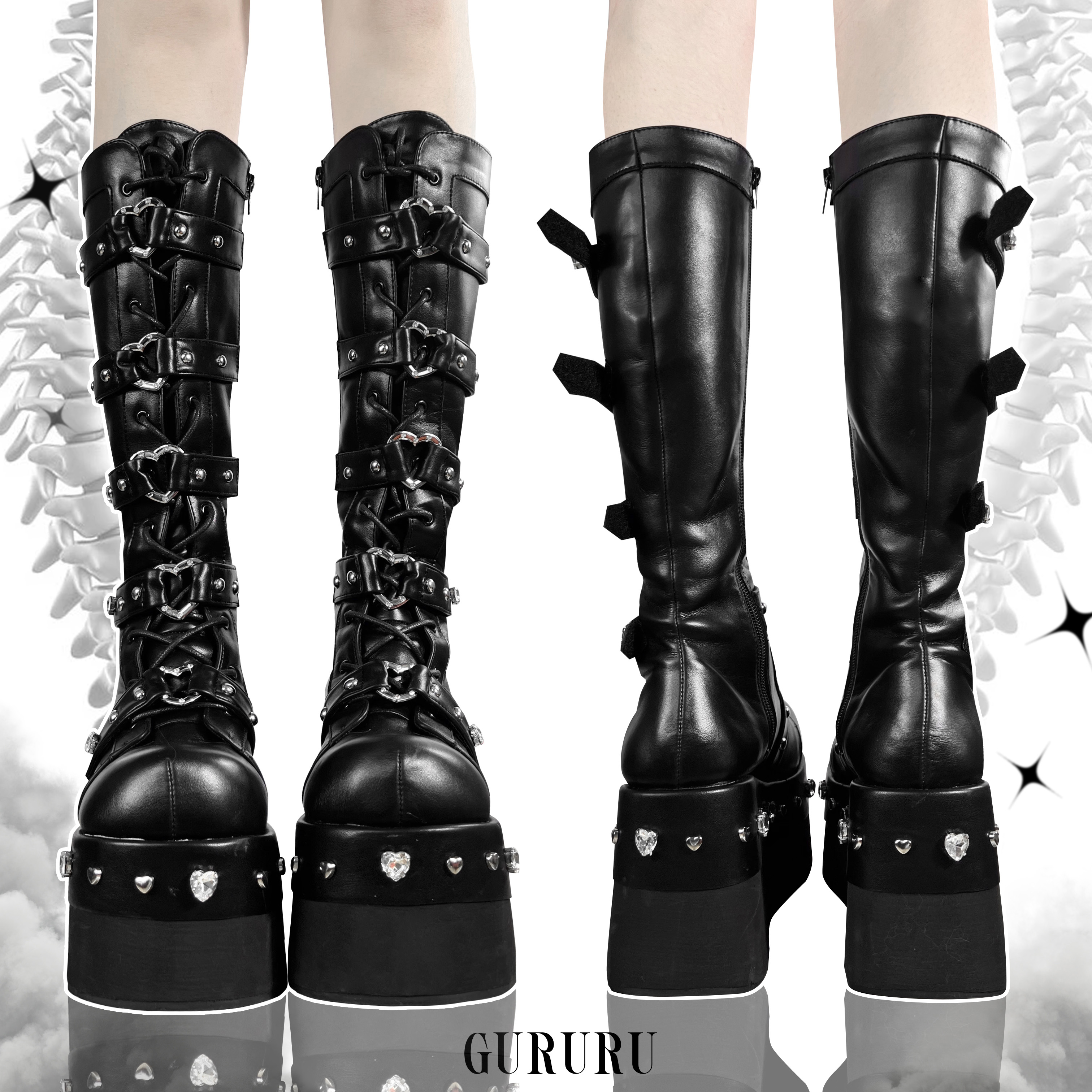 Heartbreak Potion GURURU Original Subculture Y2K Spice Girls Thick Round Toe Diamonds Mid Calf Boots