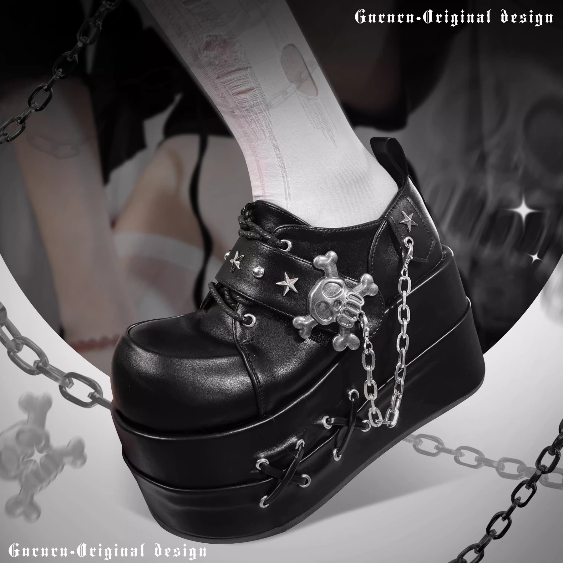GURURU Original Y2K Goth Platform Boots - Punk Chunky Sole Shoes with Skull Decor, Retro Vintage Combat Boots for Women