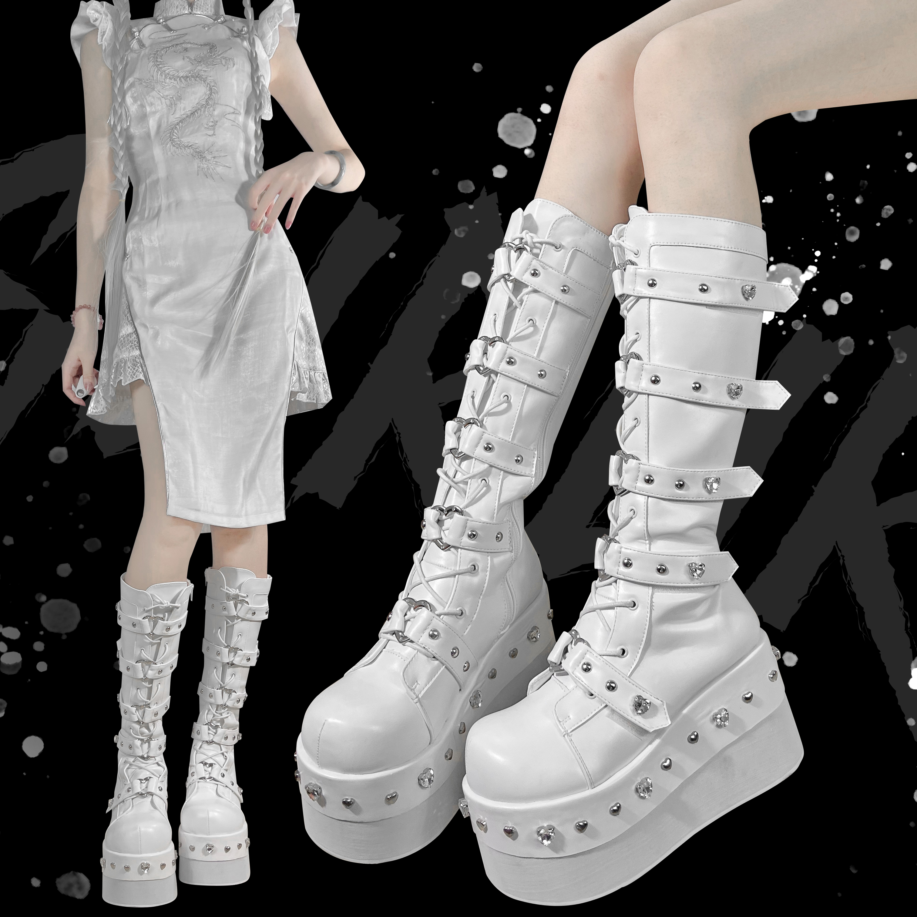 Heartbreak Potion GURURU Original Subculture Y2K Spice Girls Thick Round Toe Diamonds Mid Calf Boots