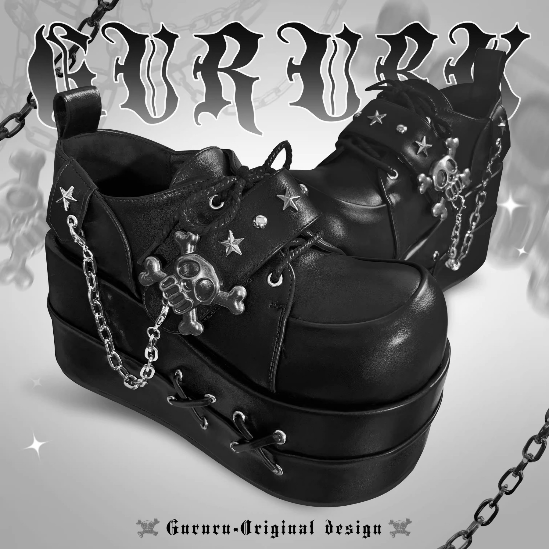 GURURU Original Y2K Goth Platform Boots - Punk Chunky Sole Shoes with Skull Decor, Retro Vintage Combat Boots for Women