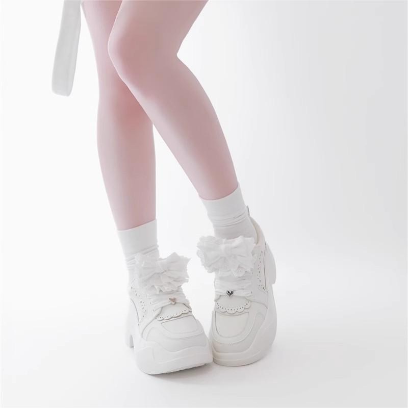 Jirai-kei Original Y2K Lace Bow Sneakers - 4-Way Customizable (Ribbon/Scallop Overlay) + Lycra Breathable Platform • Anti-Slip 7cm Sole