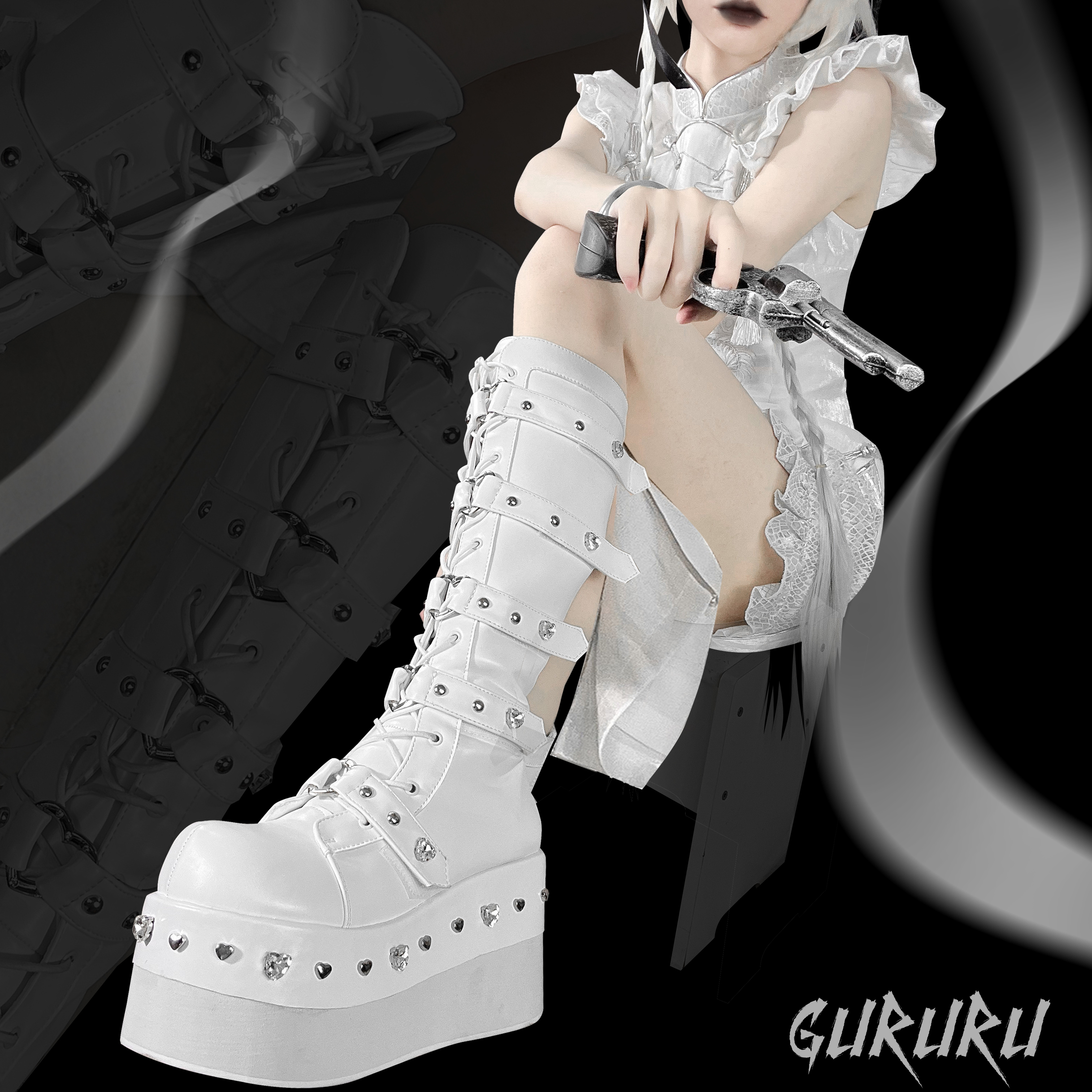 Heartbreak Potion GURURU Original Subculture Y2K Spice Girls Thick Round Toe Diamonds Mid Calf Boots