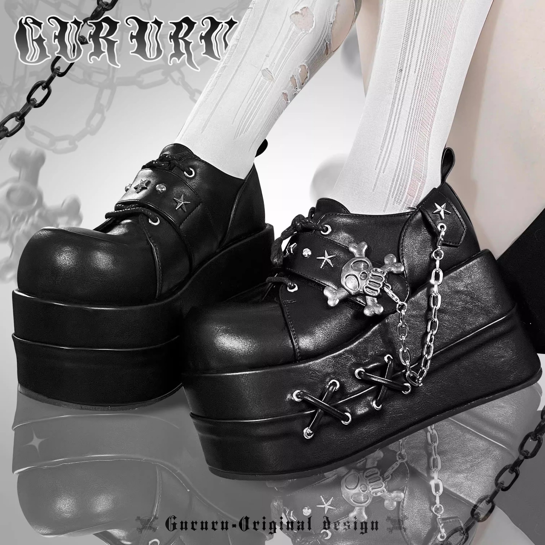 GURURU Original Y2K Goth Platform Boots - Punk Chunky Sole Shoes with Skull Decor, Retro Vintage Combat Boots for Women