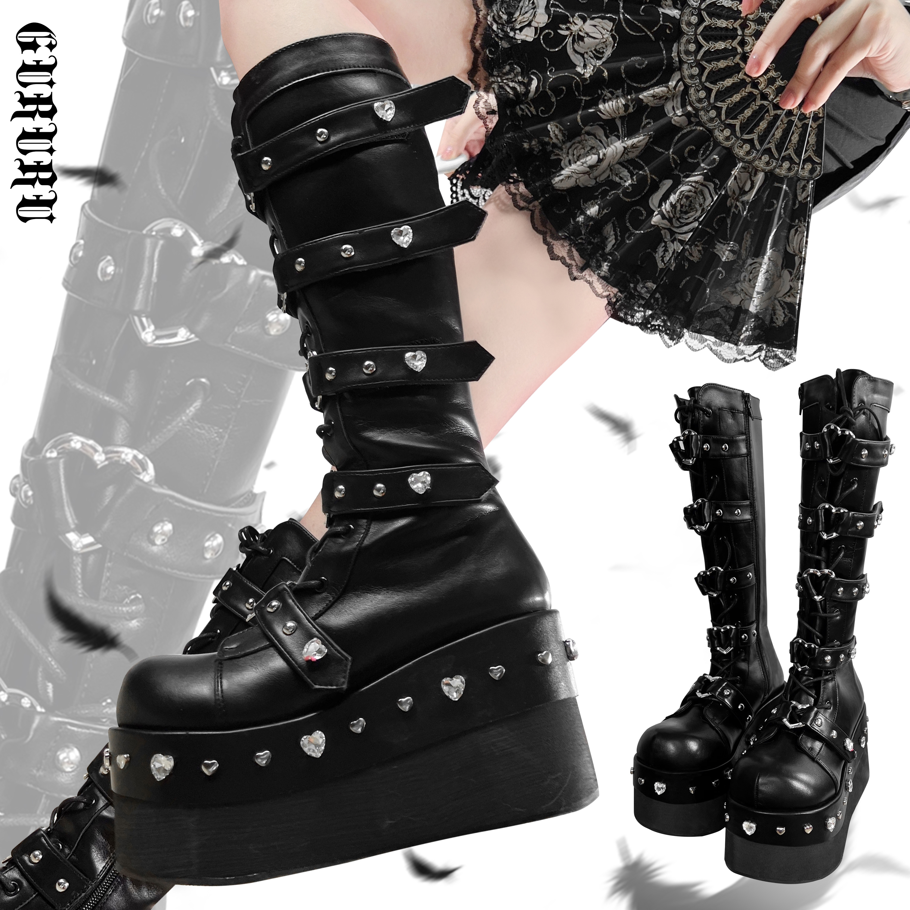Heartbreak Potion GURURU Original Subculture Y2K Spice Girls Thick Round Toe Diamonds Mid Calf Boots