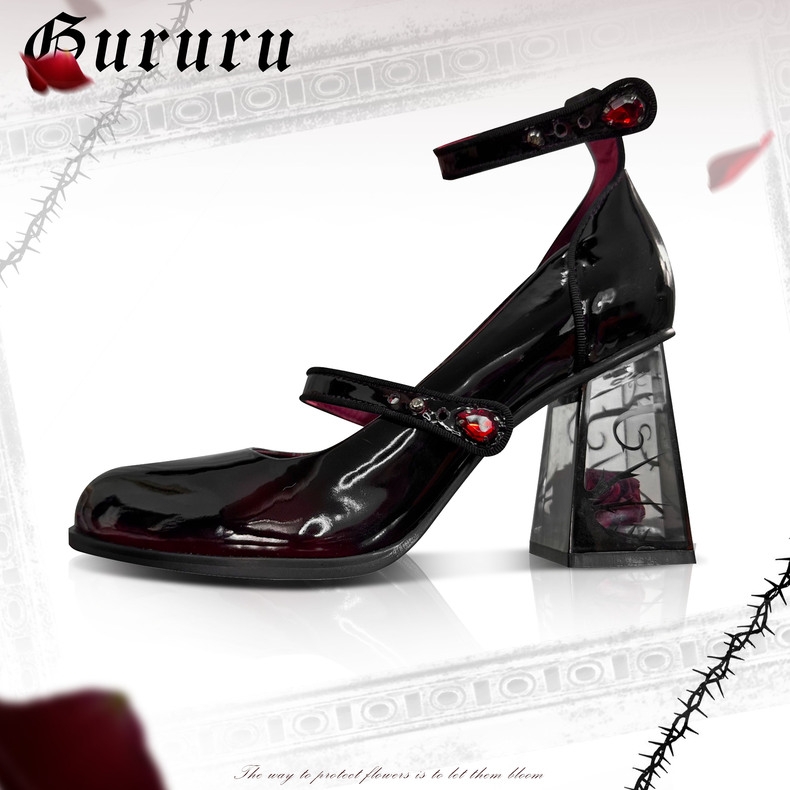 Rose Heel-GURURU Original Goth Mary Janes (Black/Red) - 8cm Platform Heel w/ Ankle Strap | Anti-Slip Rubber Sole |