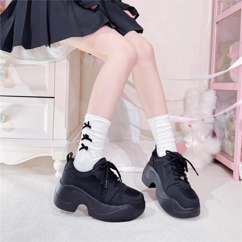 Jirai-kei Original Y2K Lace Bow Sneakers - 4-Way Customizable (Ribbon/Scallop Overlay) + Lycra Breathable Platform • Anti-Slip 7cm Sole