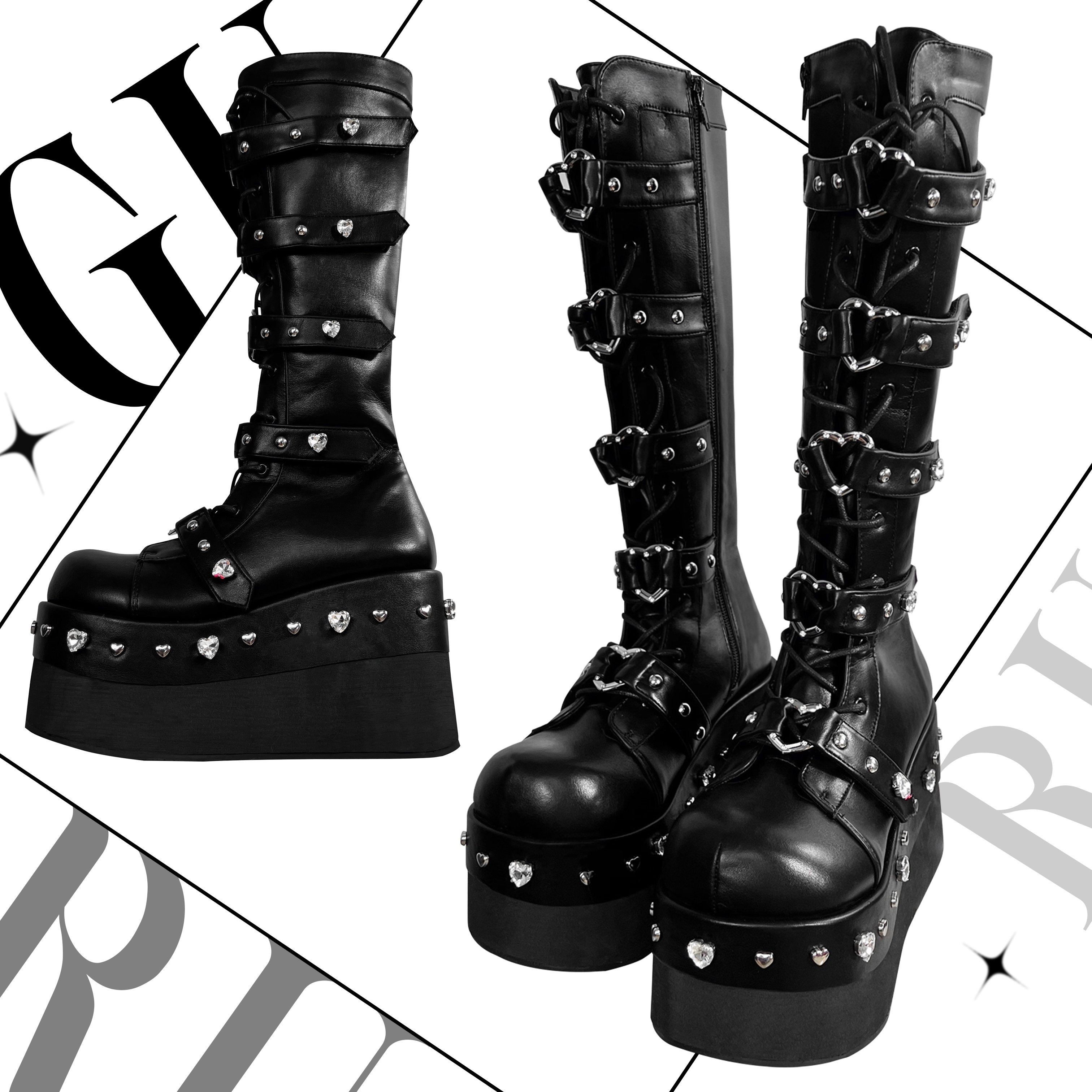 Heartbreak Potion GURURU Original Subculture Y2K Spice Girls Thick Round Toe Diamonds Mid Calf Boots