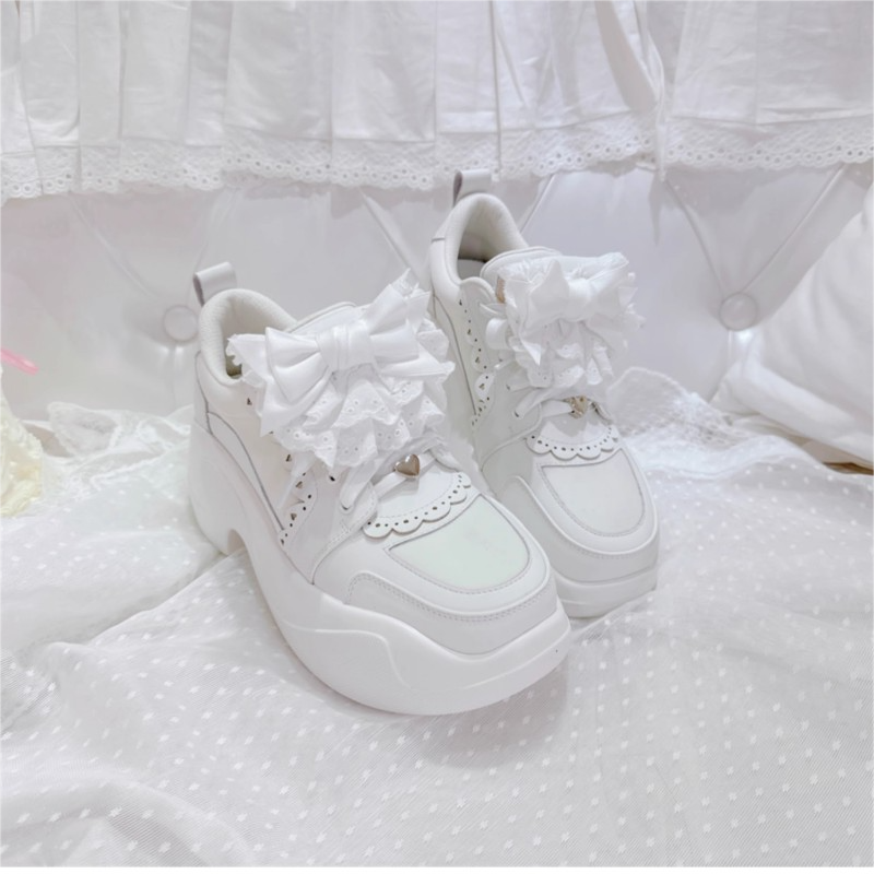 Jirai-kei Original Y2K Lace Bow Sneakers - 4-Way Customizable (Ribbon/Scallop Overlay) + Lycra Breathable Platform • Anti-Slip 7cm Sole
