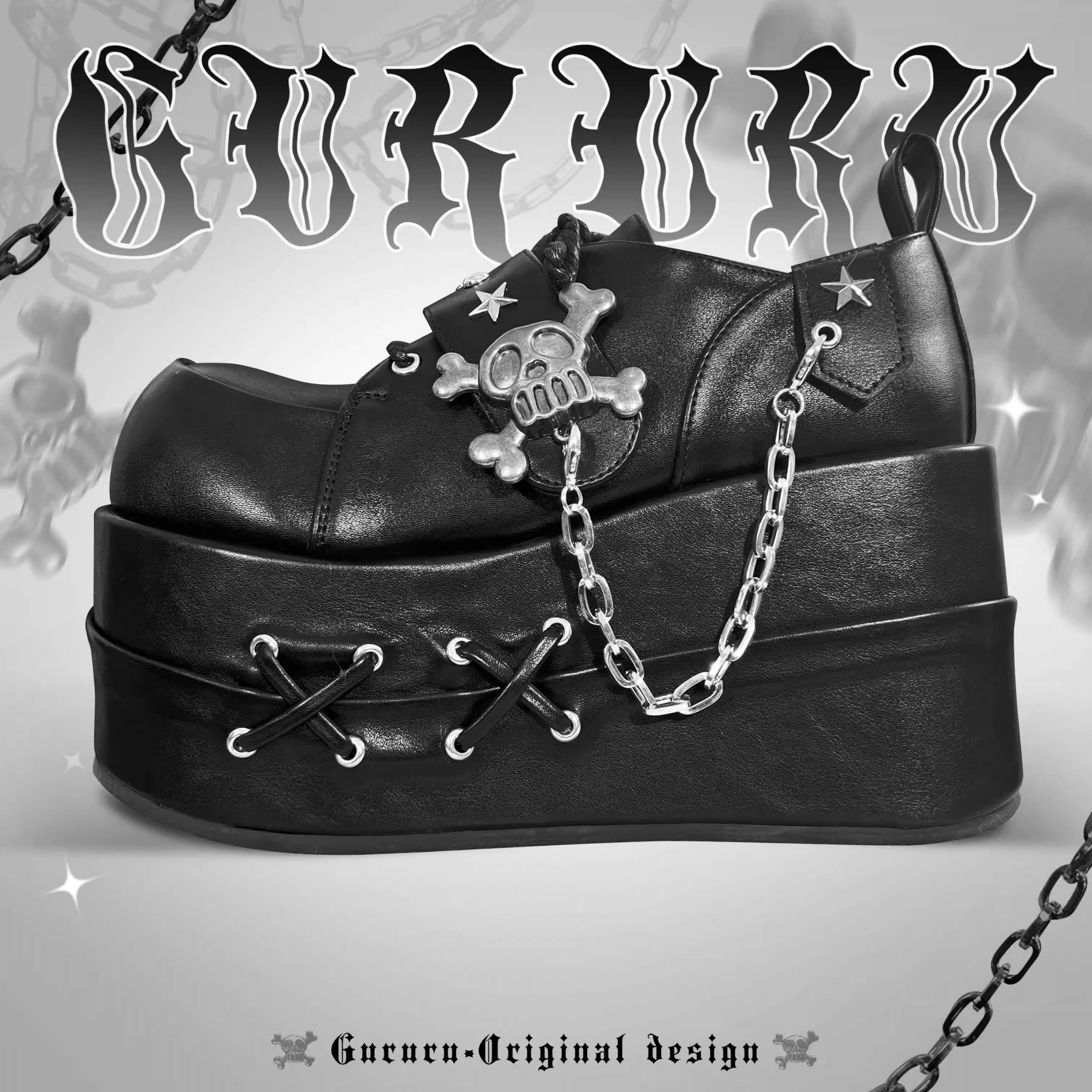 GURURU Original Y2K Goth Platform Boots - Punk Chunky Sole Shoes with Skull Decor, Retro Vintage Combat Boots for Women