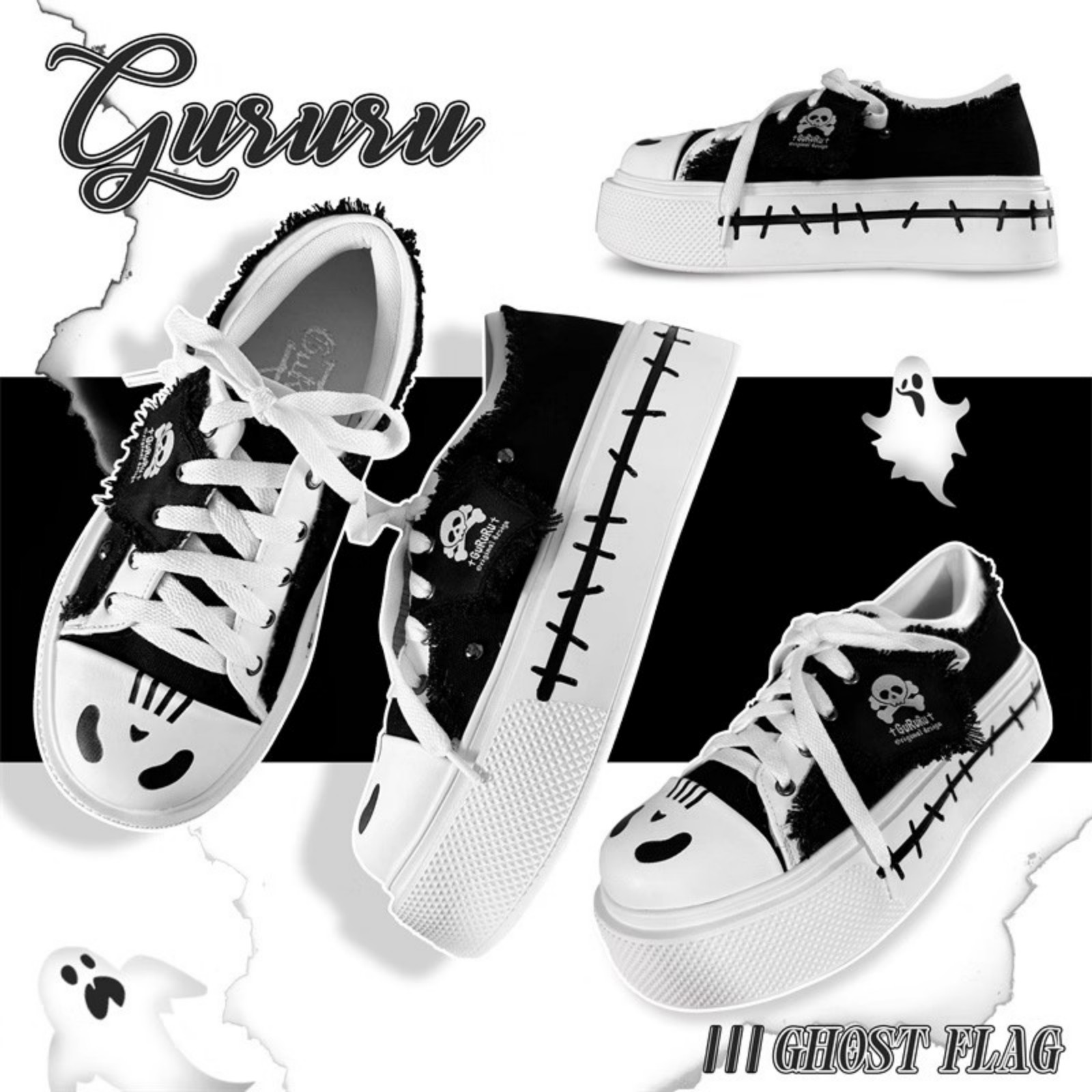 Ghost flag GURURU original otaku system subculture versatile girl thick bottom canvas shoes