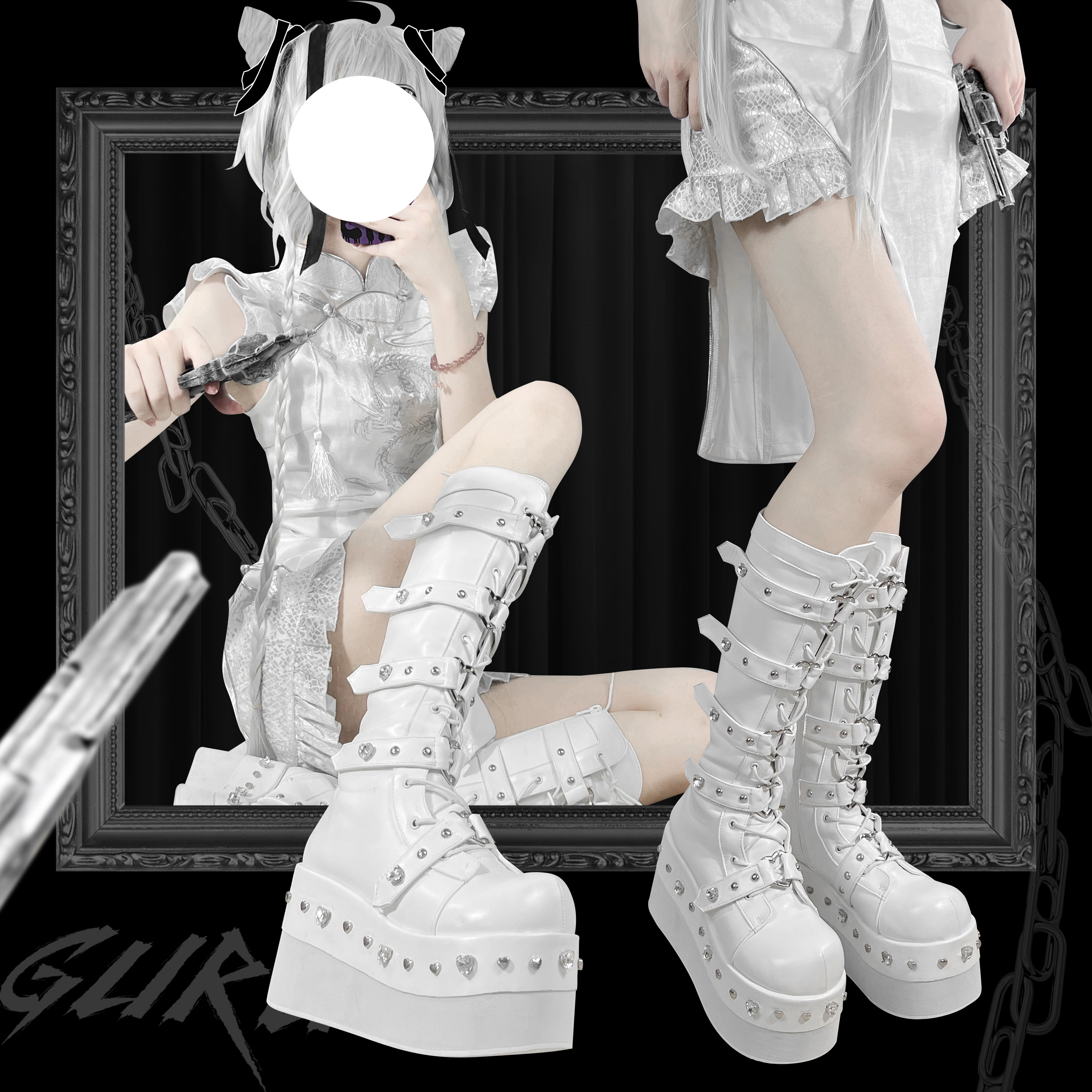 Heartbreak Potion GURURU Original Subculture Y2K Spice Girls Thick Round Toe Diamonds Mid Calf Boots