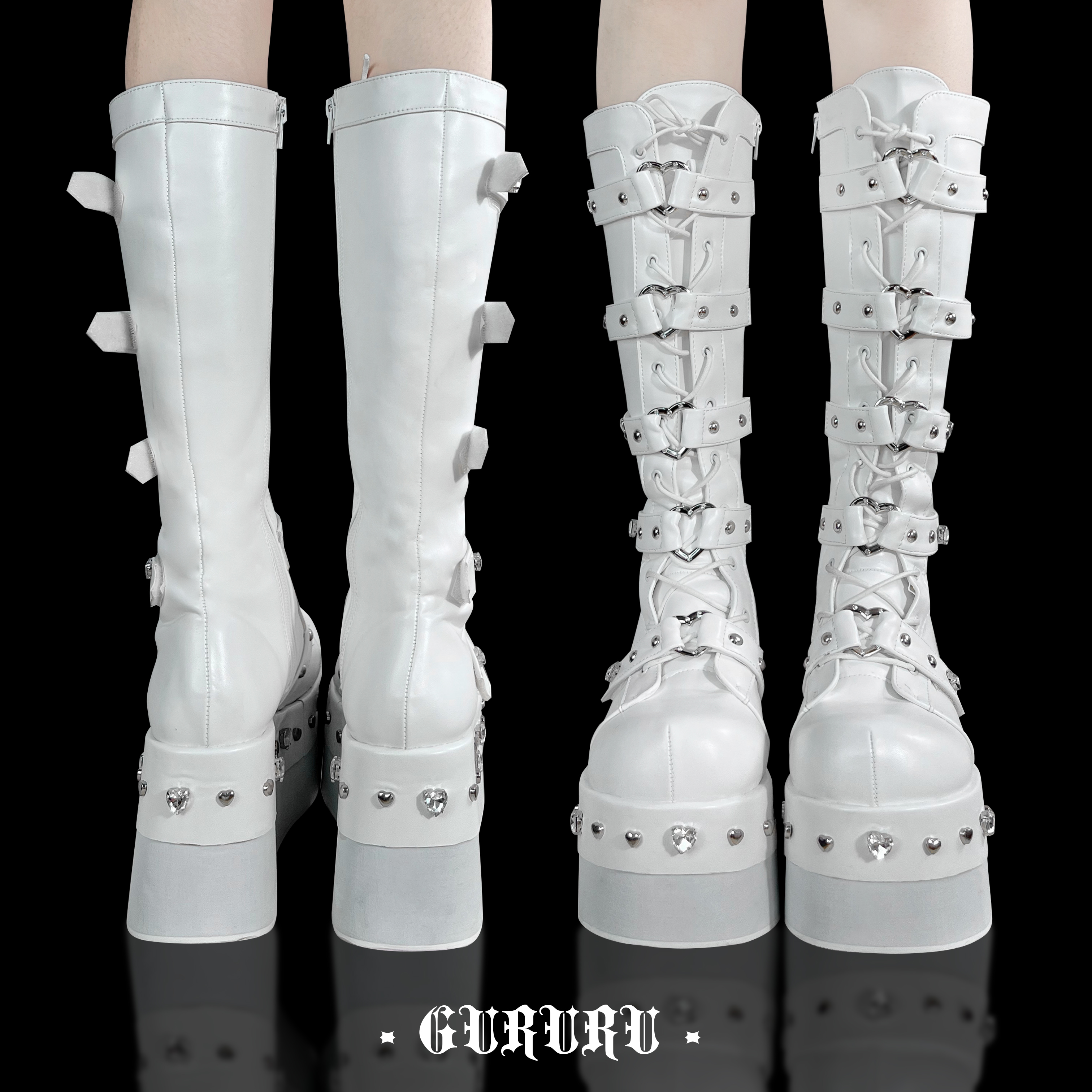 Heartbreak Potion GURURU Original Subculture Y2K Spice Girls Thick Round Toe Diamonds Mid Calf Boots