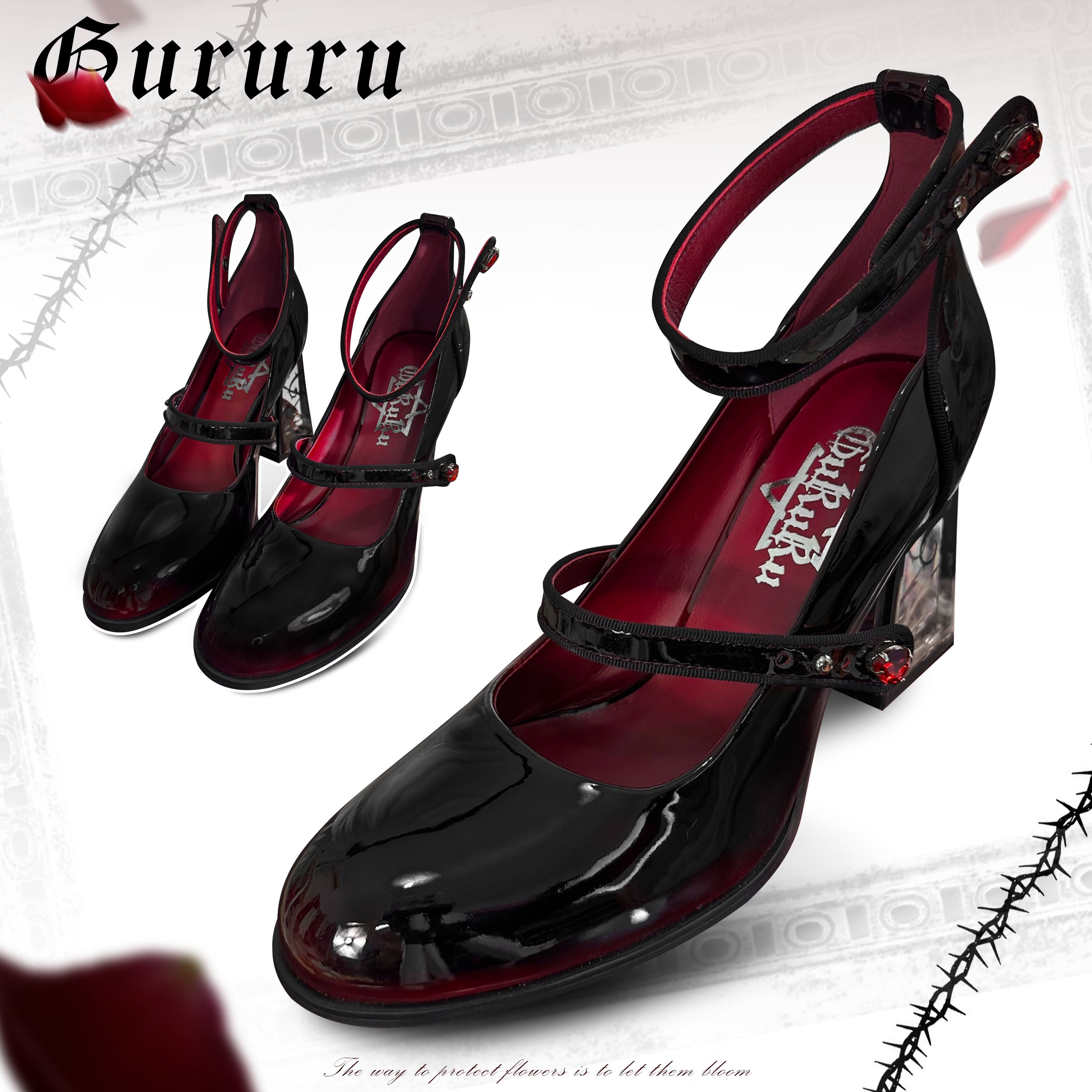Rose Heel-GURURU Original Goth Mary Janes (Black/Red) - 8cm Platform Heel w/ Ankle Strap | Anti-Slip Rubber Sole |