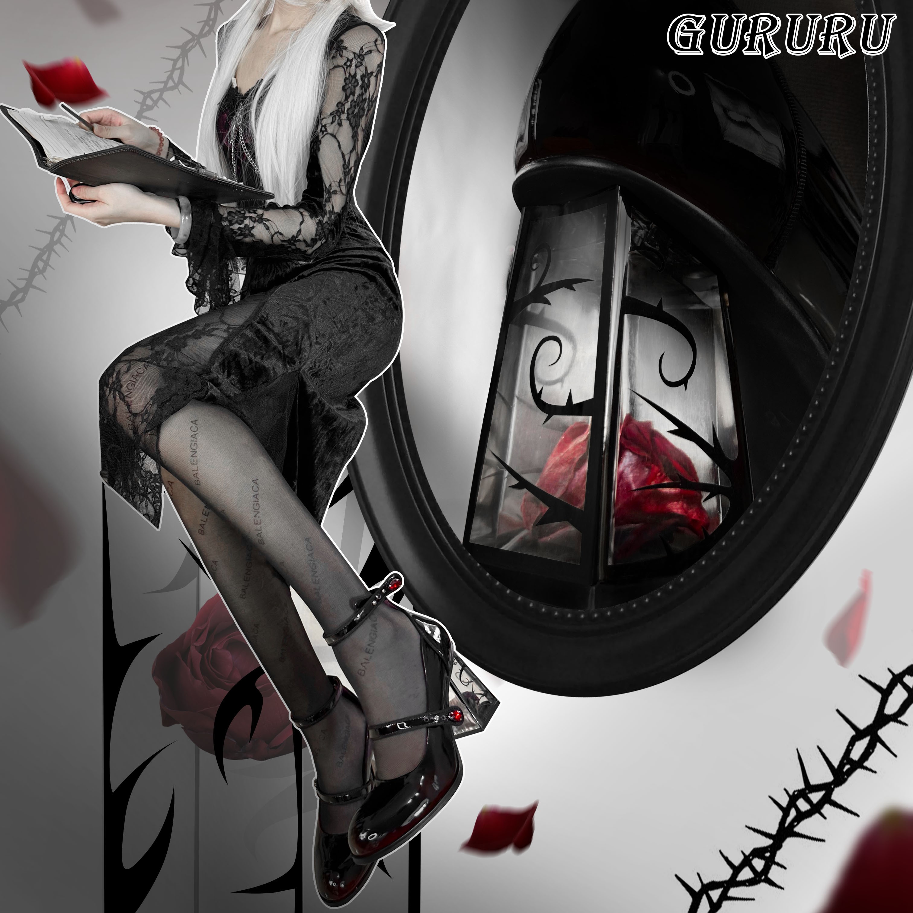 Rose Heel-GURURU Original Goth Mary Janes (Black/Red) - 8cm Platform Heel w/ Ankle Strap | Anti-Slip Rubber Sole |