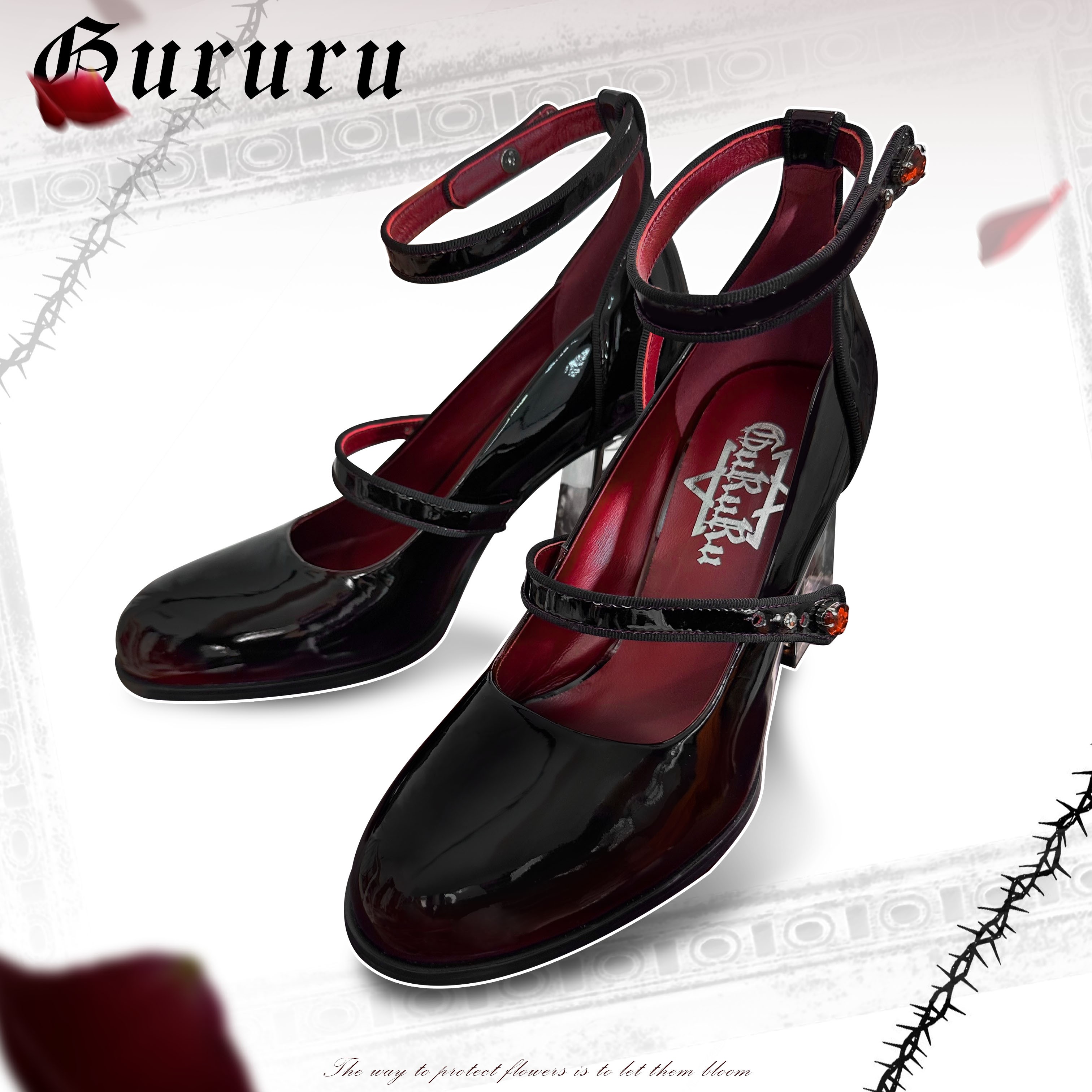 Rose Heel-GURURU Original Goth Mary Janes (Black/Red) - 8cm Platform Heel w/ Ankle Strap | Anti-Slip Rubber Sole |