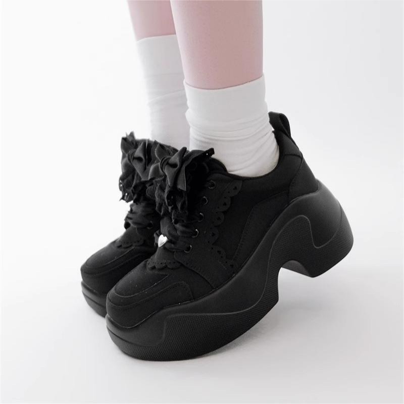 Jirai-kei Original Y2K Lace Bow Sneakers - 4-Way Customizable (Ribbon/Scallop Overlay) + Lycra Breathable Platform • Anti-Slip 7cm Sole