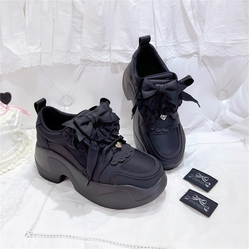 Jirai-kei Original Y2K Lace Bow Sneakers - 4-Way Customizable (Ribbon/Scallop Overlay) + Lycra Breathable Platform • Anti-Slip 7cm Sole