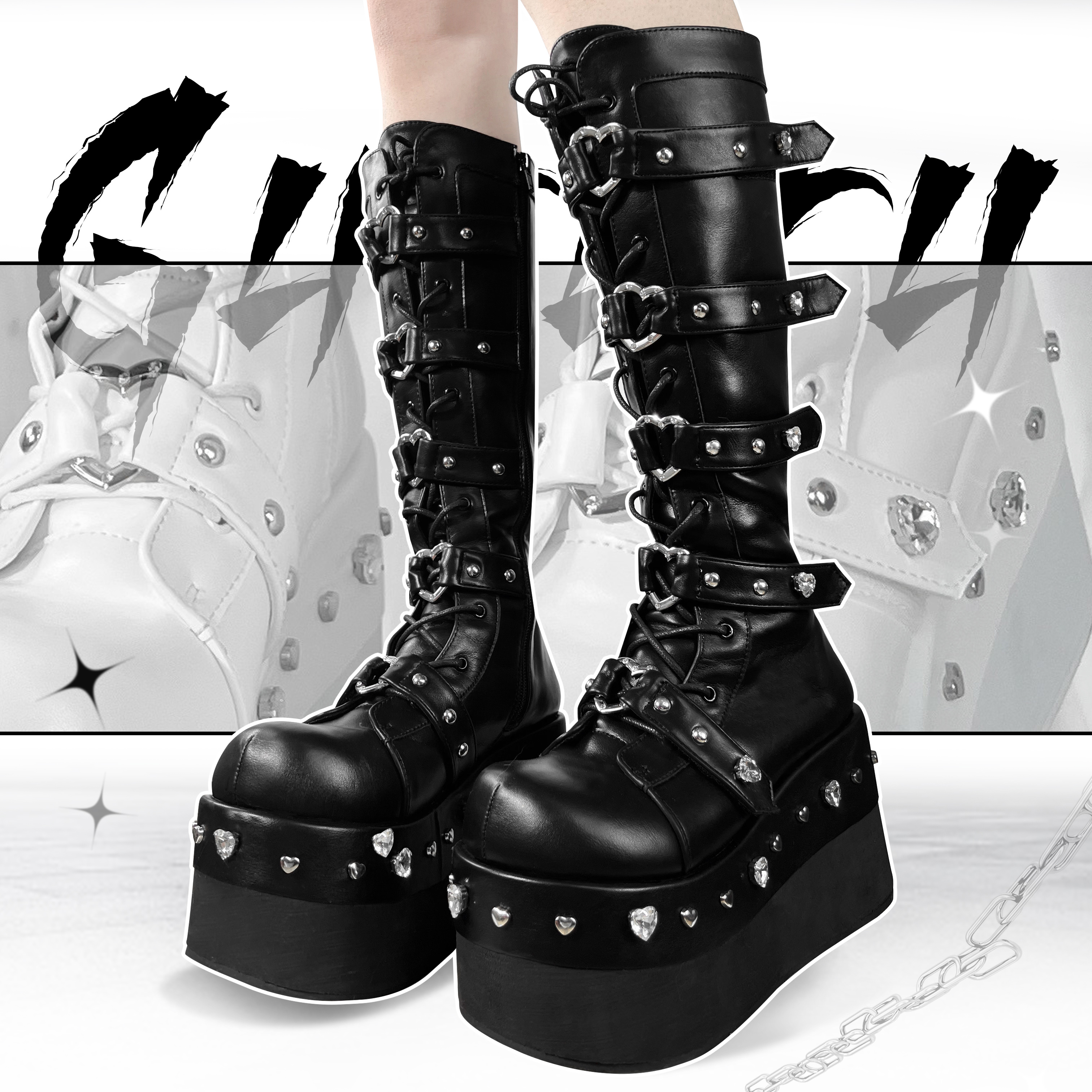 Heartbreak Potion GURURU Original Subculture Y2K Spice Girls Thick Round Toe Diamonds Mid Calf Boots