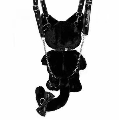 ORIGINAL Demon Kitten Plush Backpack - Removable Goth Accessories + Ultra-Soft Long Fur (Black Cat Cosplay Bag