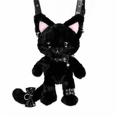ORIGINAL Demon Kitten Plush Backpack - Removable Goth Accessories + Ultra-Soft Long Fur (Black Cat Cosplay Bag