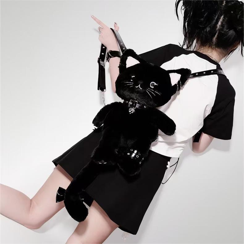ORIGINAL Demon Kitten Plush Backpack - Removable Goth Accessories + Ultra-Soft Long Fur (Black Cat Cosplay Bag