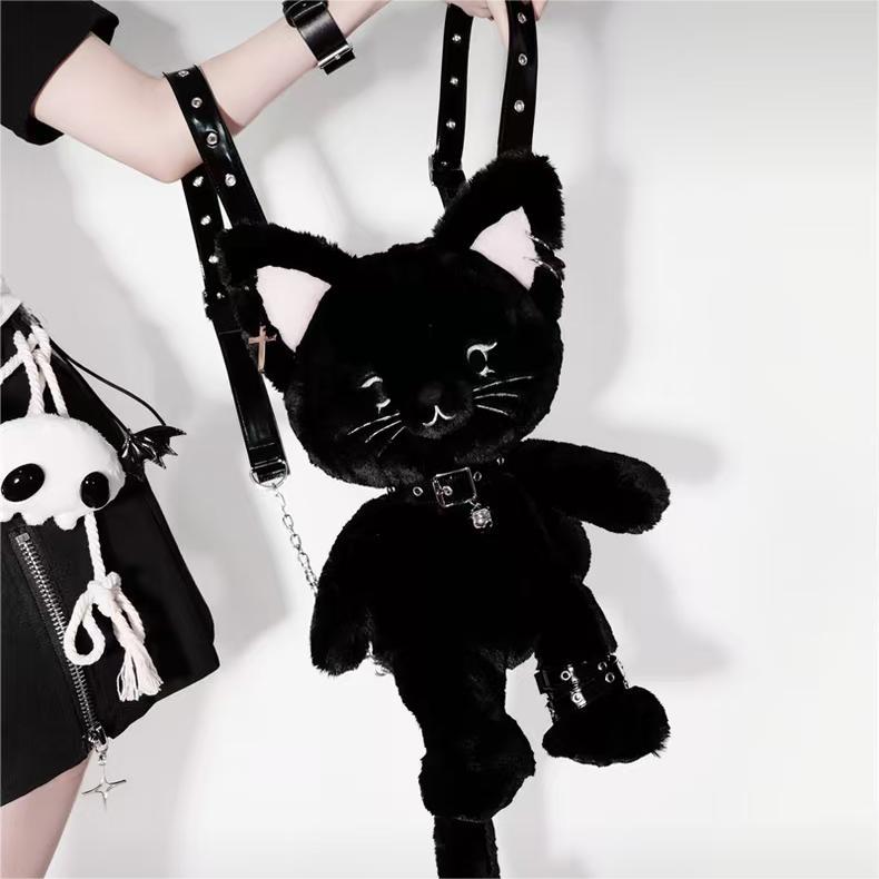 ORIGINAL Demon Kitten Plush Backpack - Removable Goth Accessories + Ultra-Soft Long Fur (Black Cat Cosplay Bag