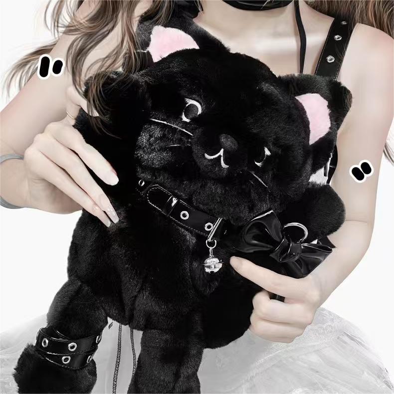 ORIGINAL Demon Kitten Plush Backpack - Removable Goth Accessories + Ultra-Soft Long Fur (Black Cat Cosplay Bag