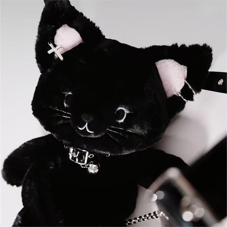 ORIGINAL Demon Kitten Plush Backpack - Removable Goth Accessories + Ultra-Soft Long Fur (Black Cat Cosplay Bag