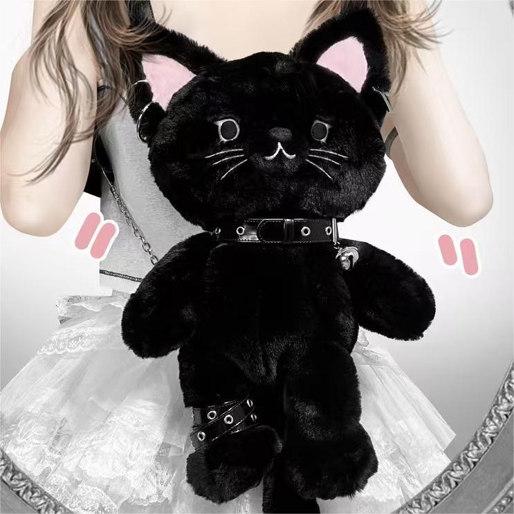 ORIGINAL Demon Kitten Plush Backpack - Removable Goth Accessories + Ultra-Soft Long Fur (Black Cat Cosplay Bag