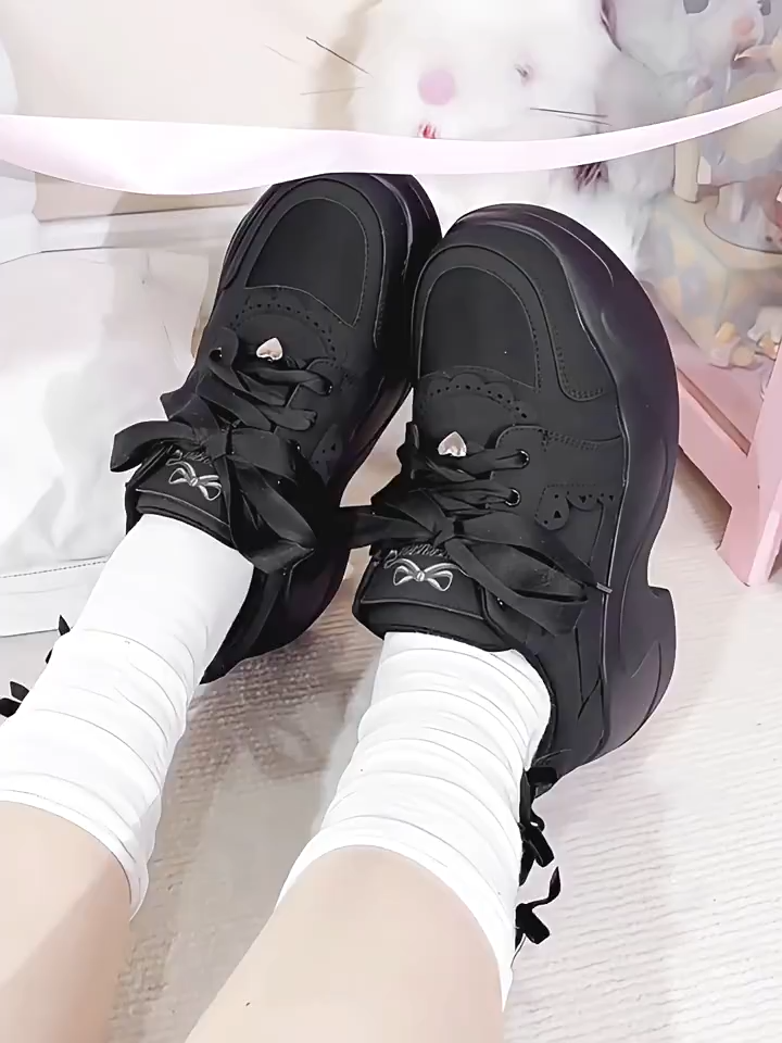 Jirai-kei Original Y2K Lace Bow Sneakers - 4-Way Customizable (Ribbon/Scallop Overlay) + Lycra Breathable Platform • Anti-Slip 7cm Sole