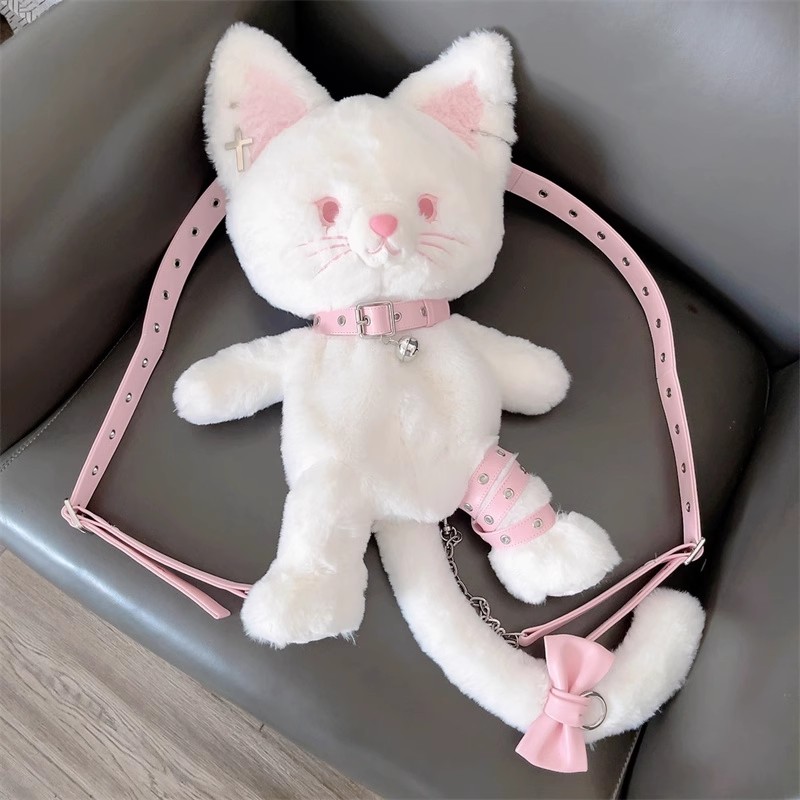 ORIGINAL Angel Kitten Plush Backpack - Removable Pearl Accessories + Cloud-Like Long Fur (White Cat Cosplay Bag)