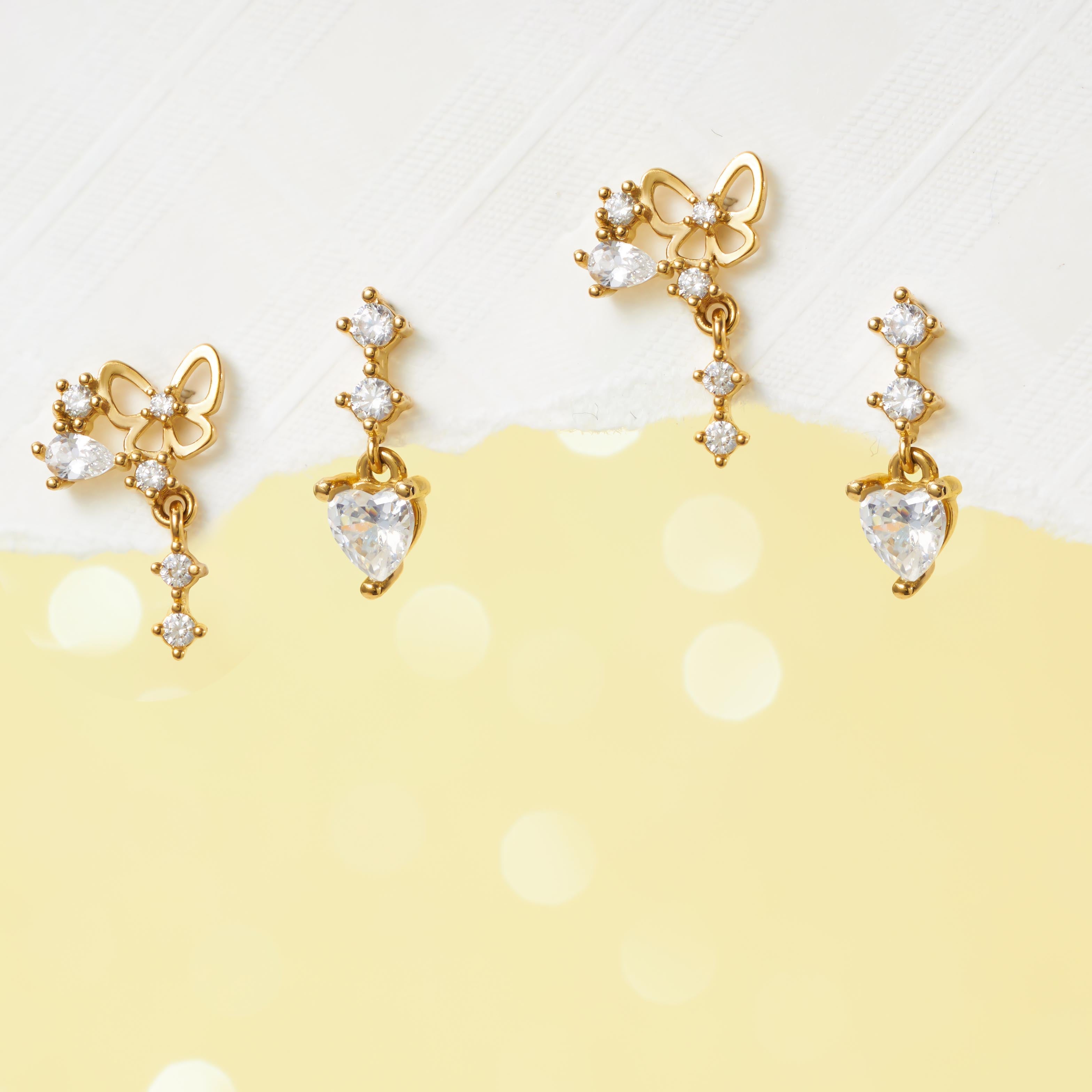 White Crystal Heart Drop Push Pin Earrrings