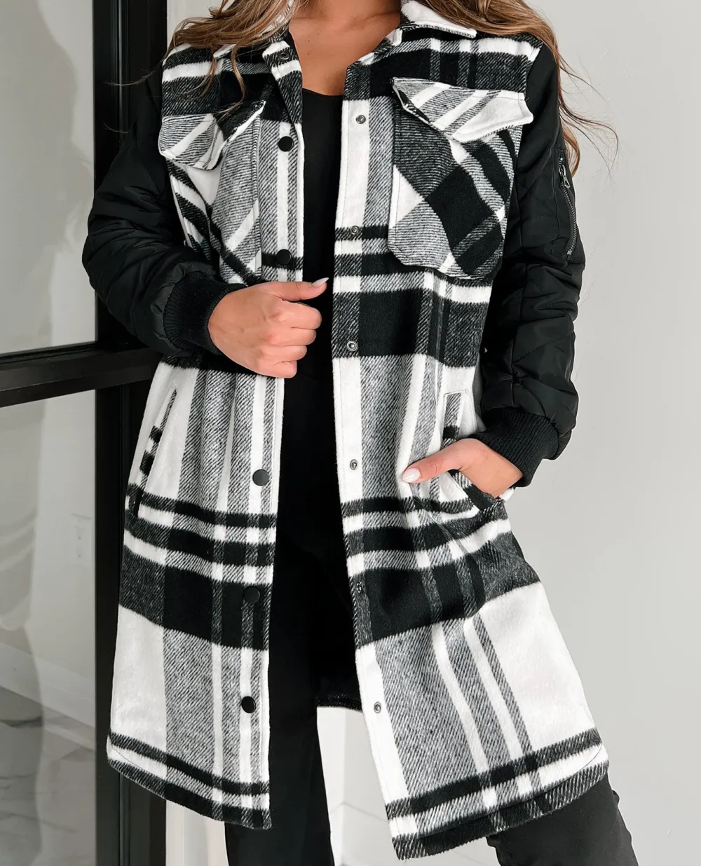 Knee Length Casual Quilted Sleeve Plaid Coat