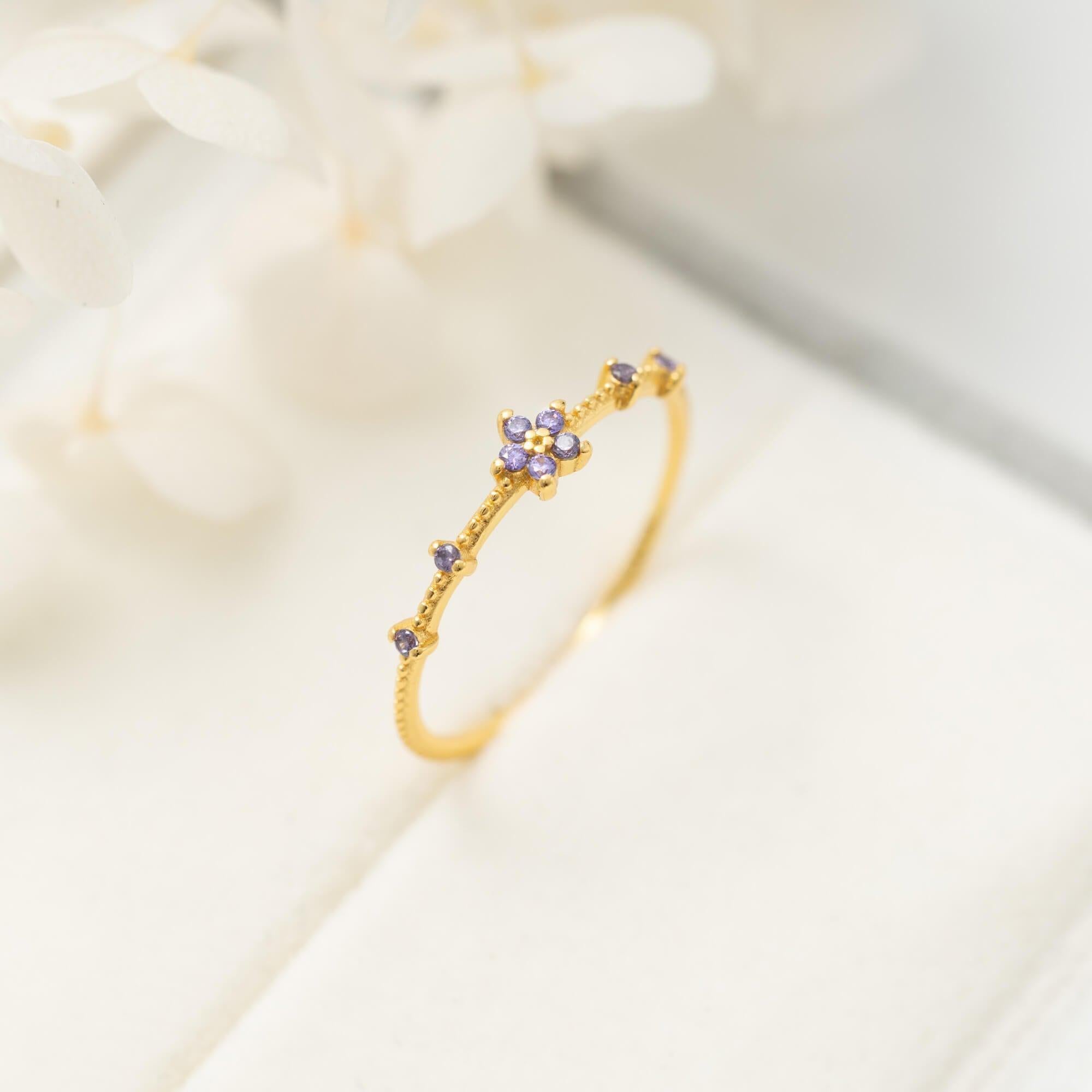 Dainty Amethyst Purple CZ Flower Thin Ring