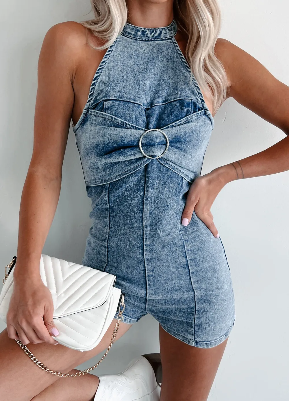 Denim Halter Has Stretch Romper