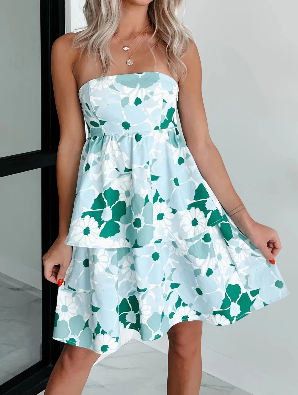 Plants Print Tiered Floral Denim Dress