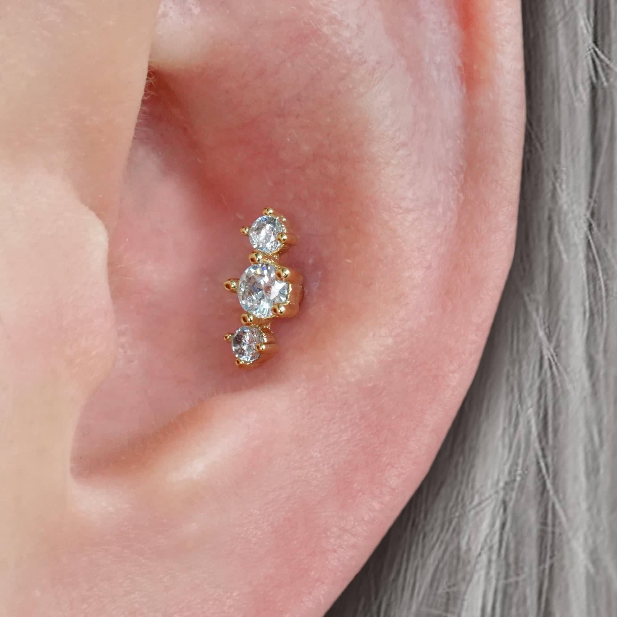 Triple Crystal CZ  Flat Back Piercing Stud