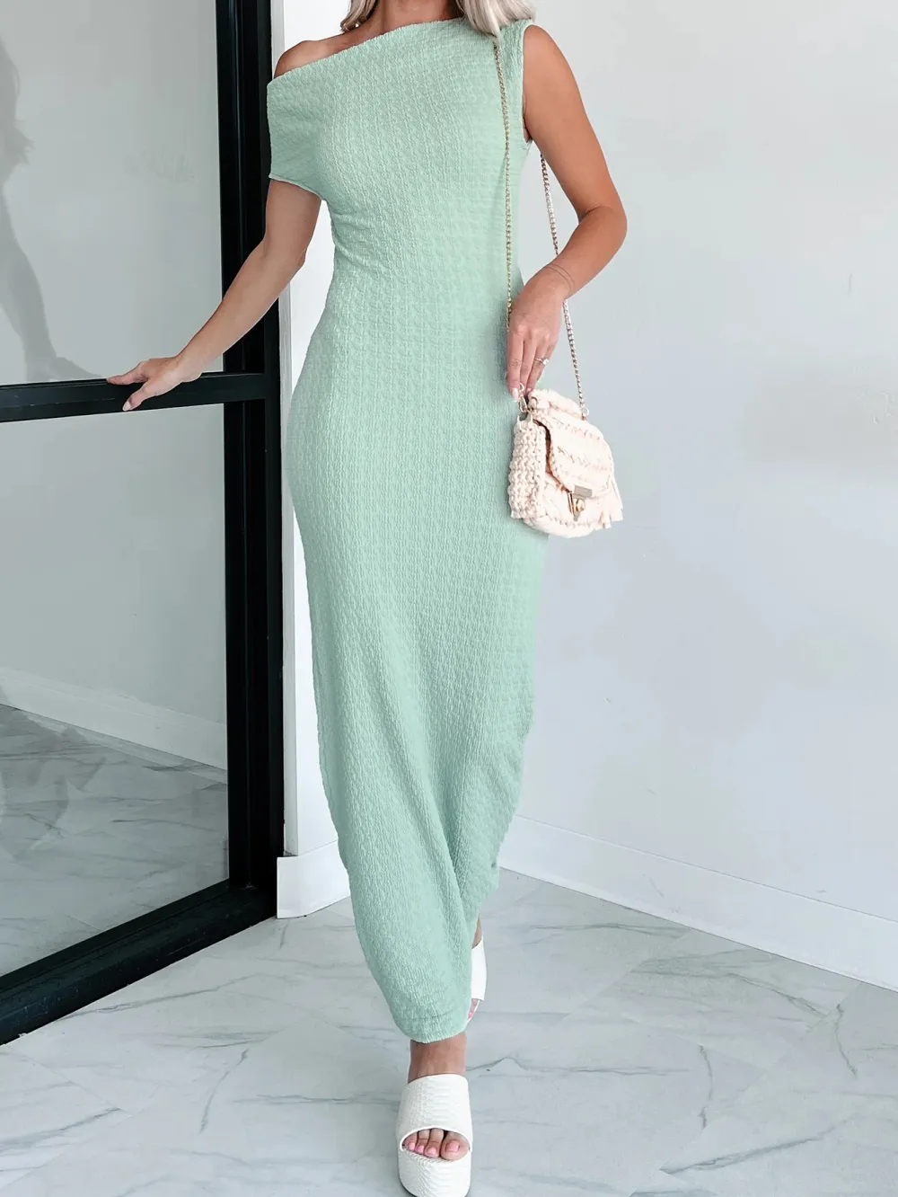 Short Sleeve One Shoulder Neckline Satin Midi Dress