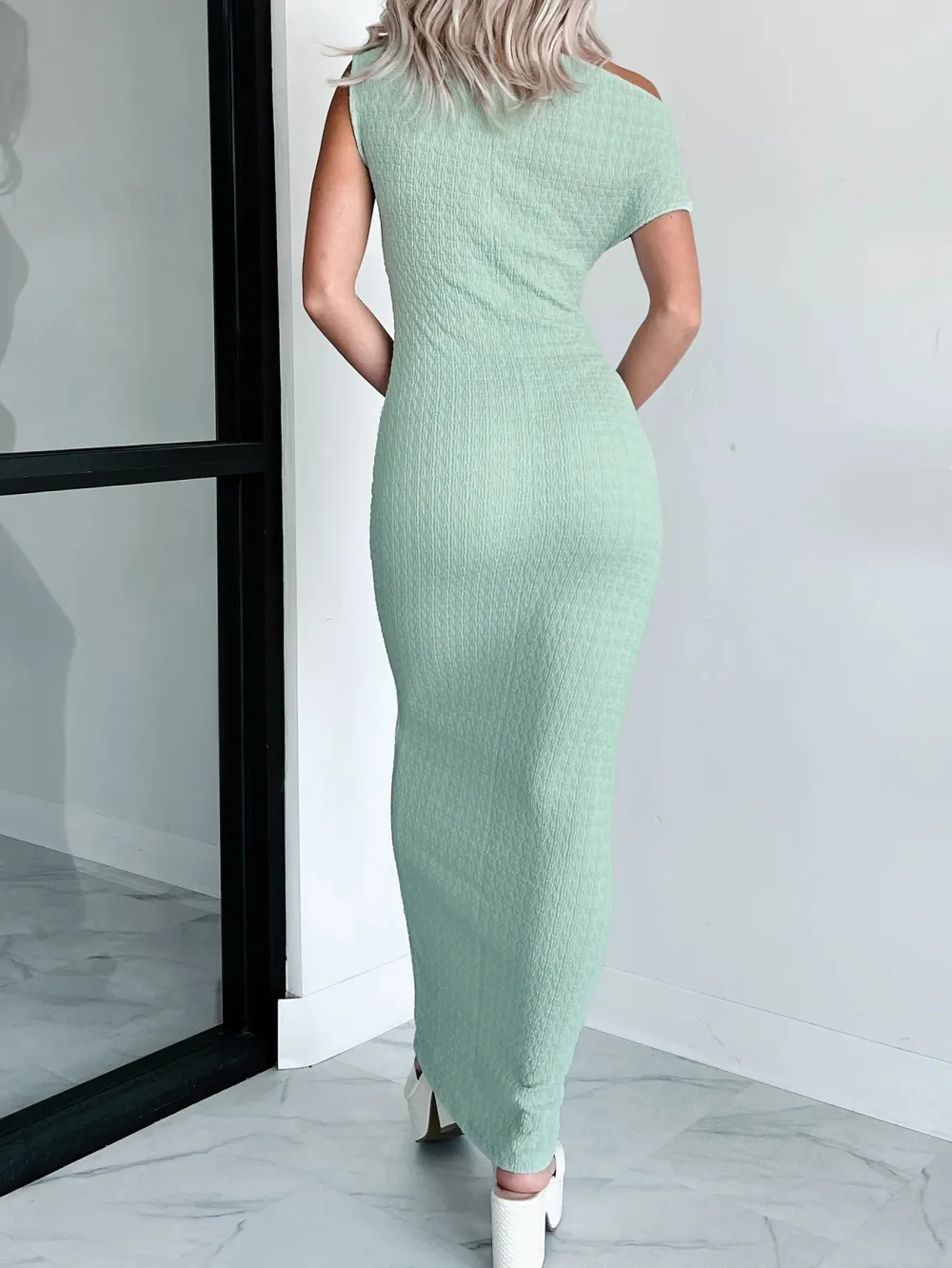 Short Sleeve One Shoulder Neckline Satin Midi Dress