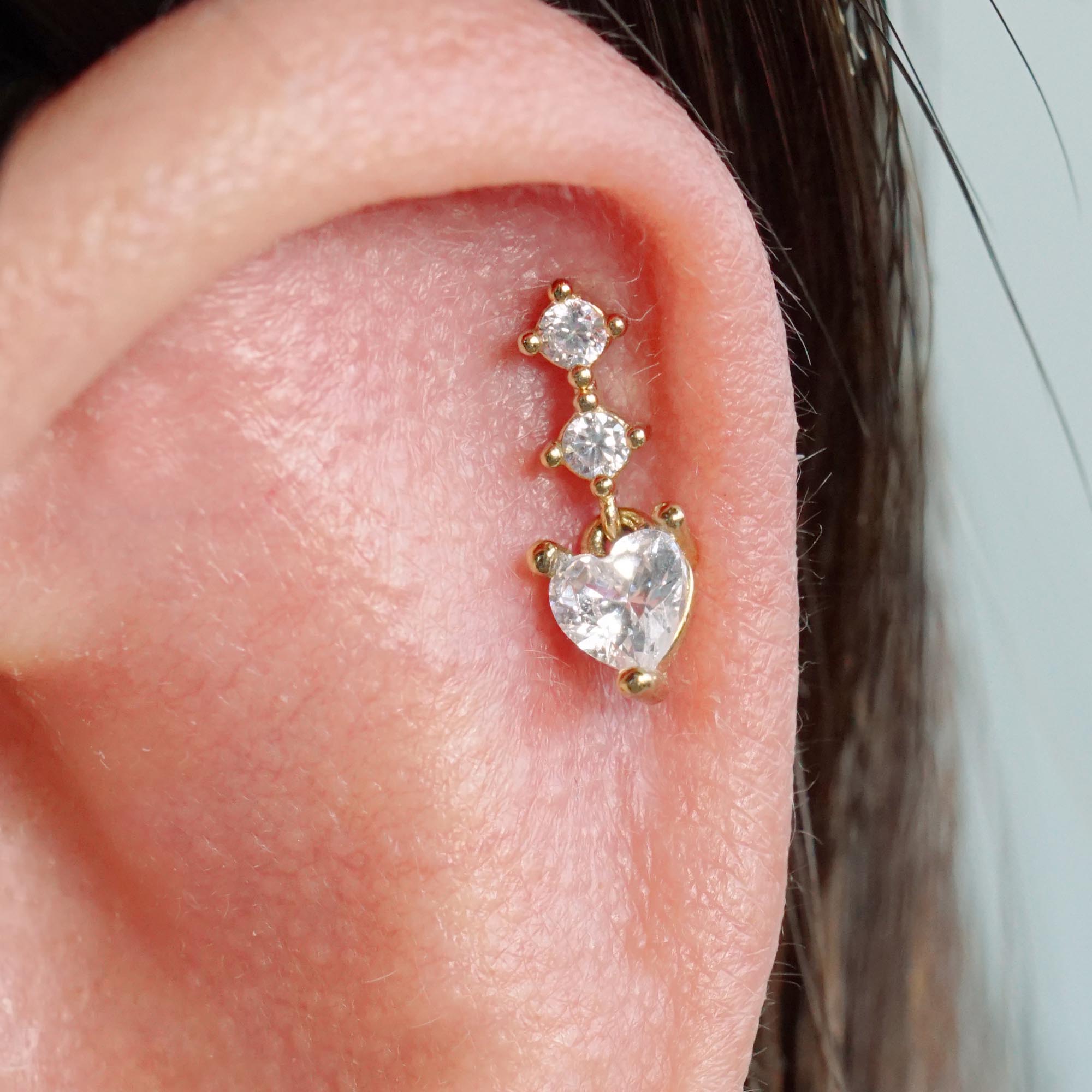 White Crystal Heart Drop Push Pin Earrrings