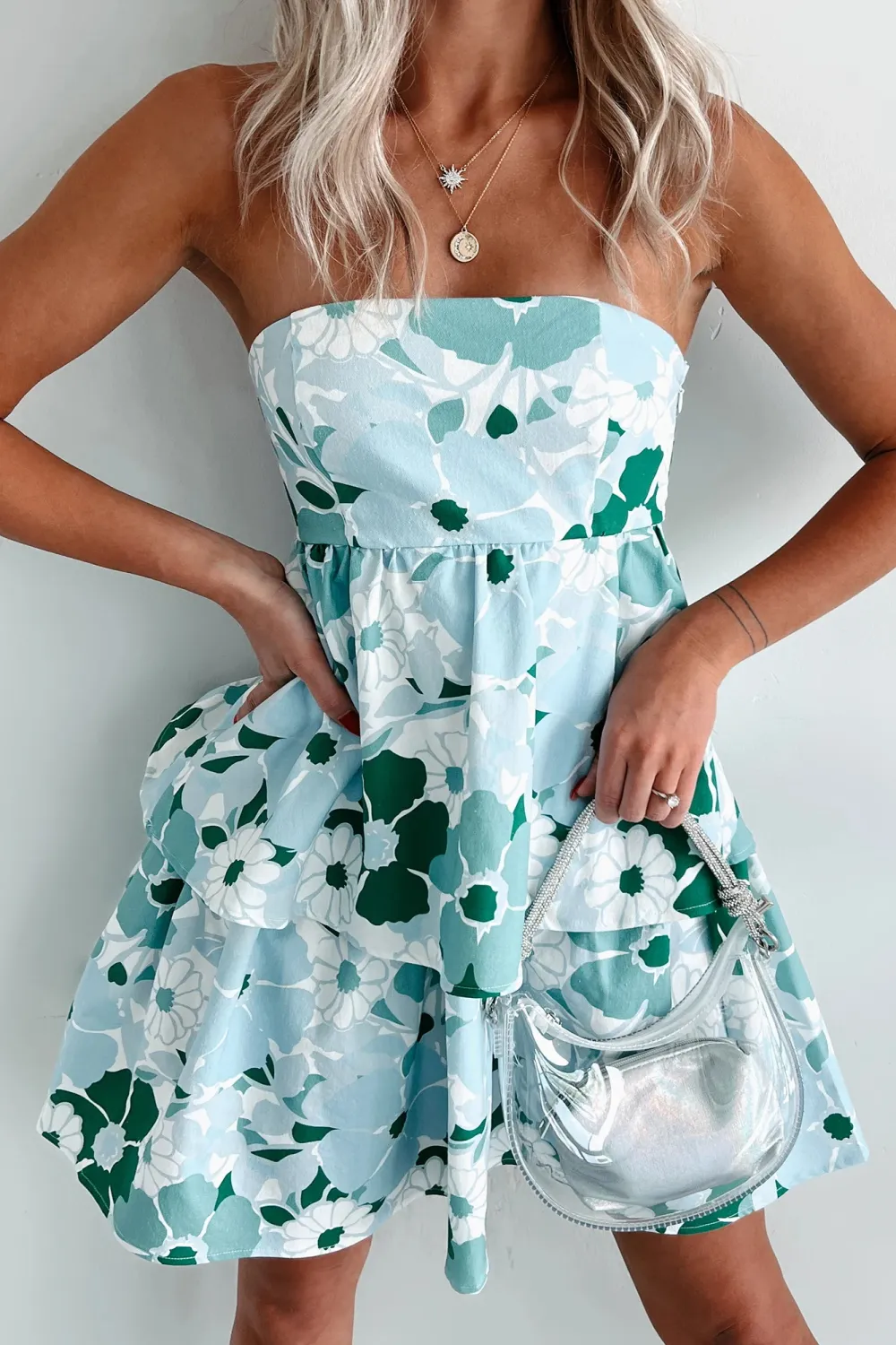 Plants Print Tiered Floral Denim Dress