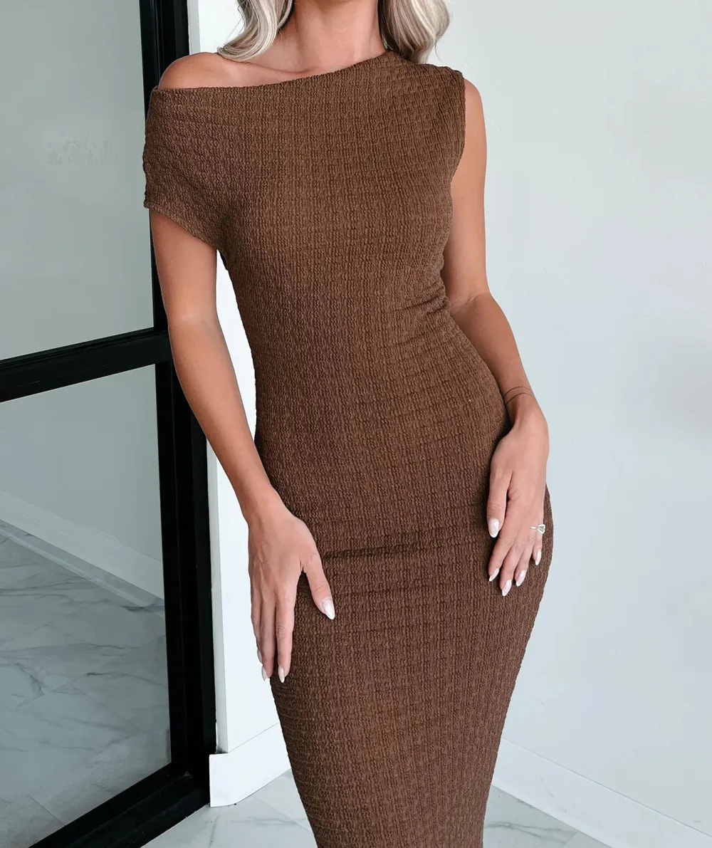 Short Sleeve One Shoulder Neckline Satin Midi Dress