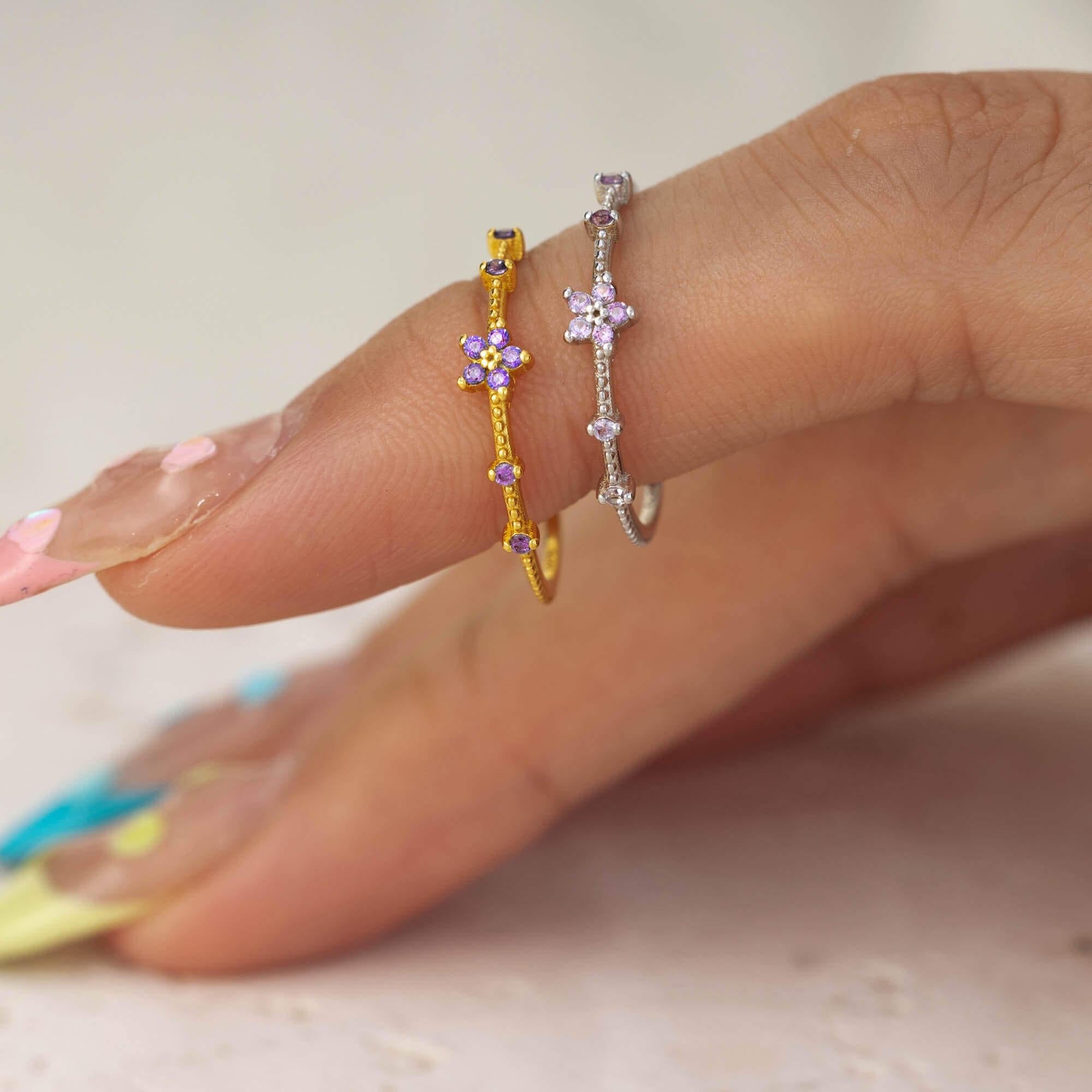 Dainty Amethyst Purple CZ Flower Thin Ring