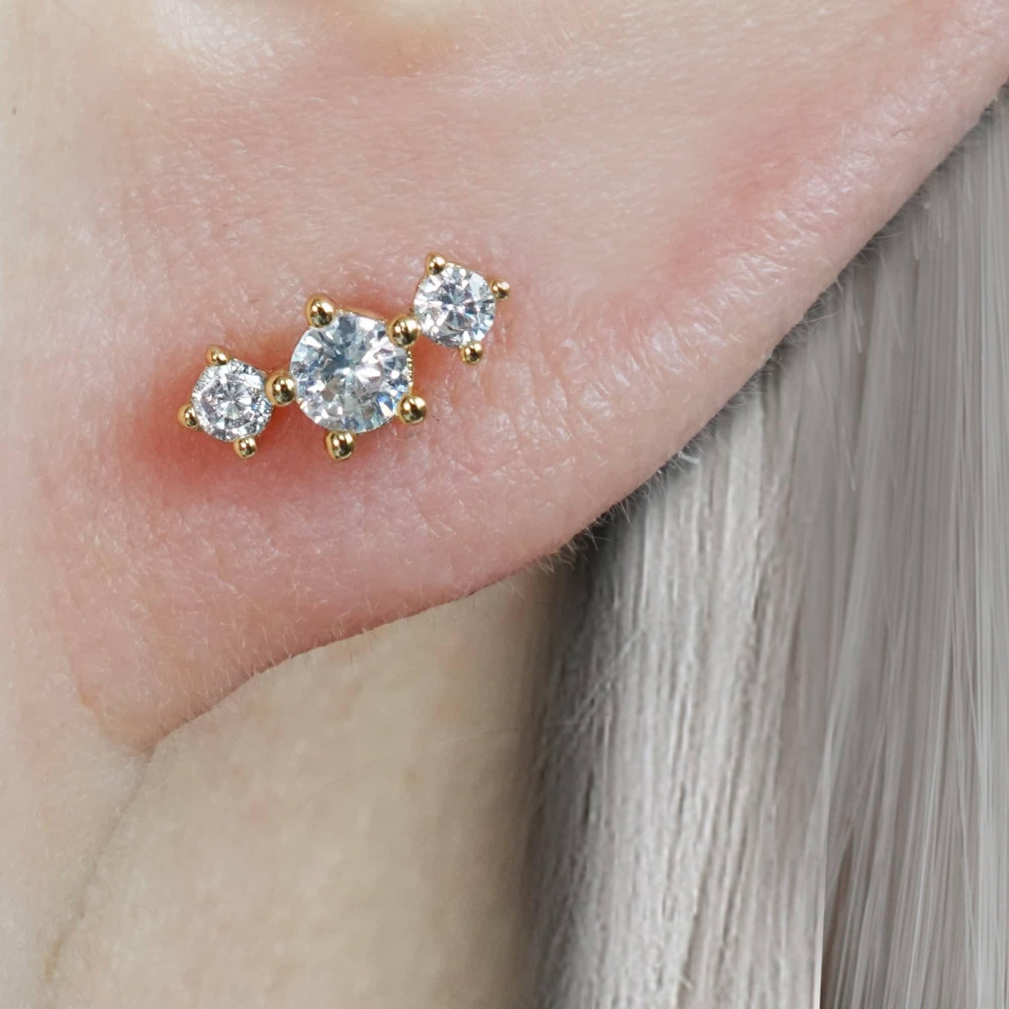 Triple Crystal CZ  Flat Back Piercing Stud