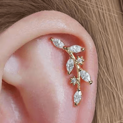 Leaf Flat Back Piercing Earring-Right Ear